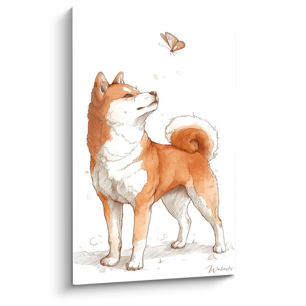 Schilderij Rode en Witte Hond die een vlinder bekijkt - Canine Contemplatie - Shiba Inu Editie