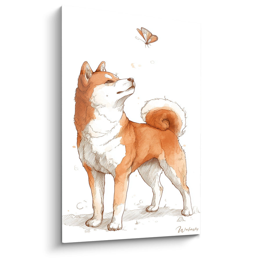 Tableau Chien Roux et Blanc Regardant un Papillon - Contemplation Canine - Edition Shiba Inu
