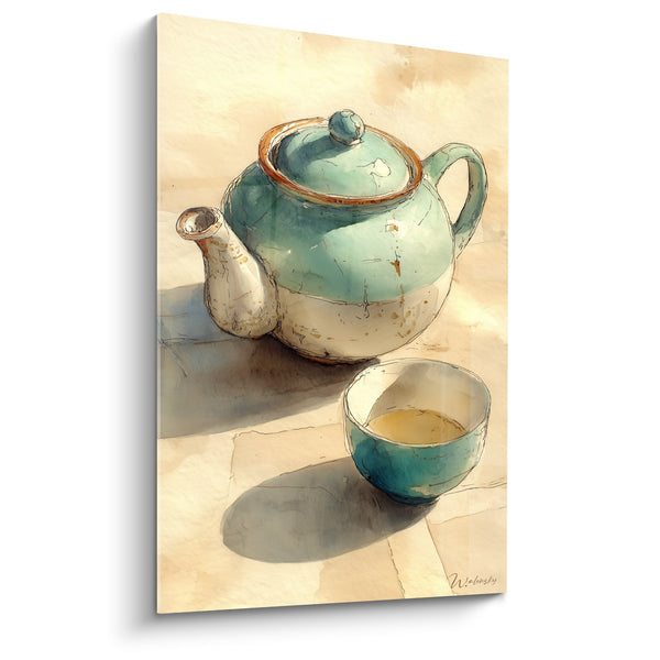Aquareltableau theepot en turquoise kom bol op beige achtergrond - Theeën rust - Japanse theepot editie