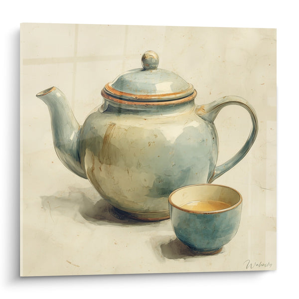 Cuadro acuarela juego de té con matices verde agua y beige con detalles dorados - Elegancia nipona - Edición tetera japonesa