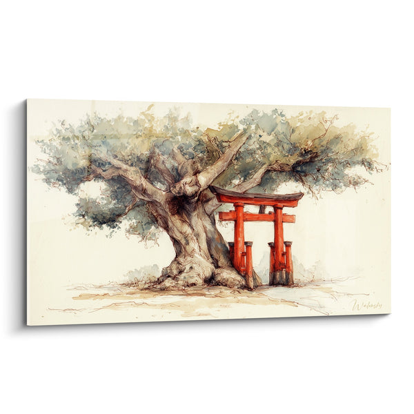 Aquareltableau van een eeuwenoude boom en robijnrode torii - Japanse sereniteit - Editie torii