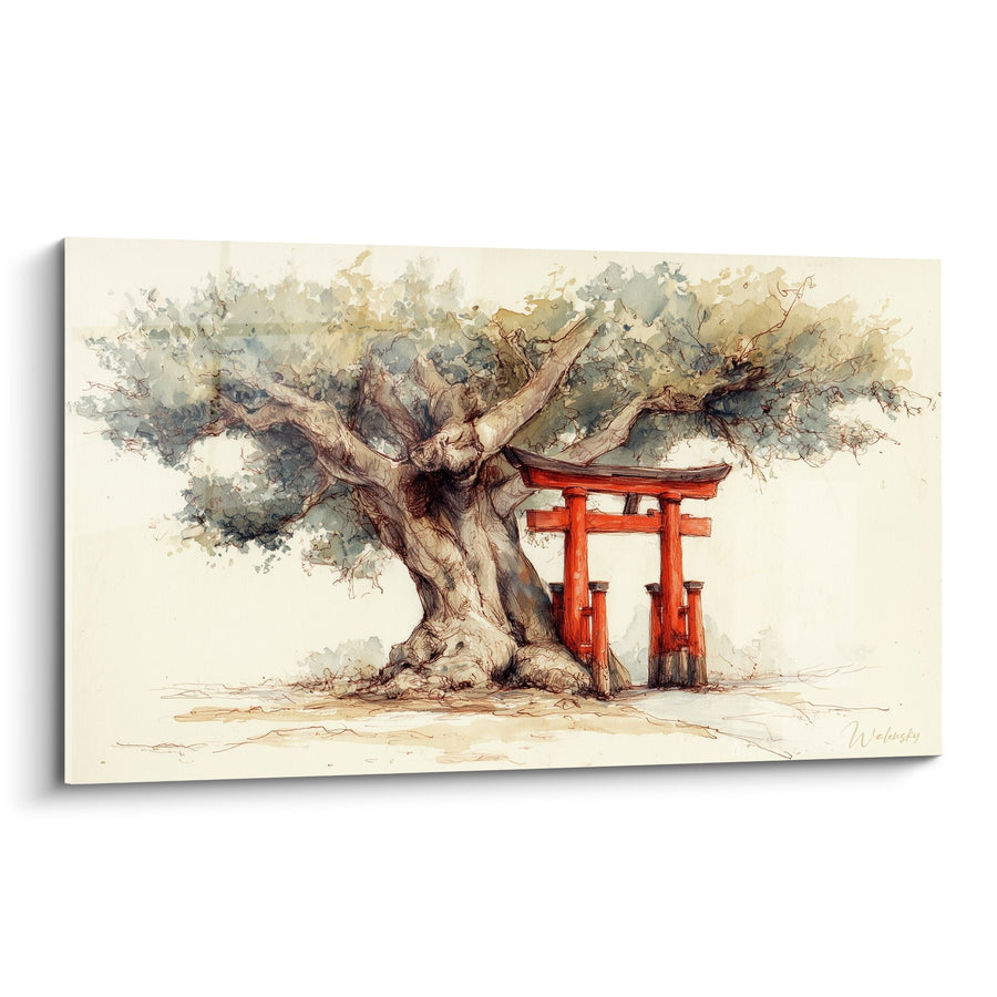 Aquareltableau van een eeuwenoude boom en robijnrode torii - Japanse sereniteit - Editie torii