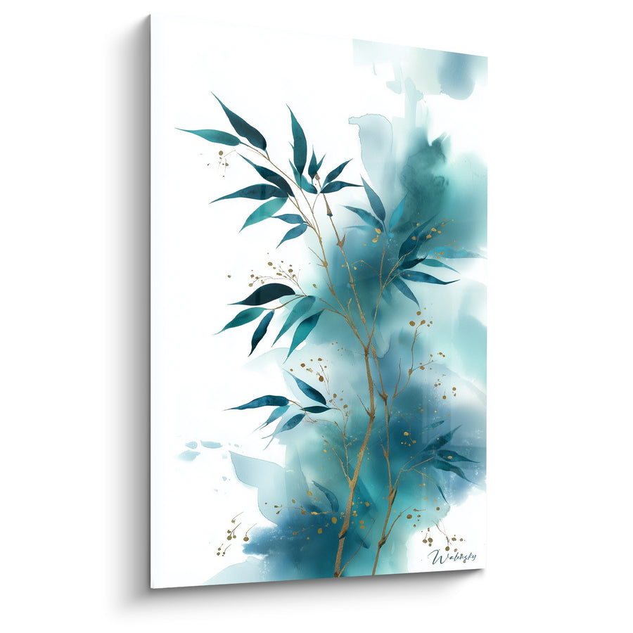 Tableau Aquarelle Végétale Bleue et Feuillages Dorés - Sérénité Florale - Edition Feng shui Nord Eau