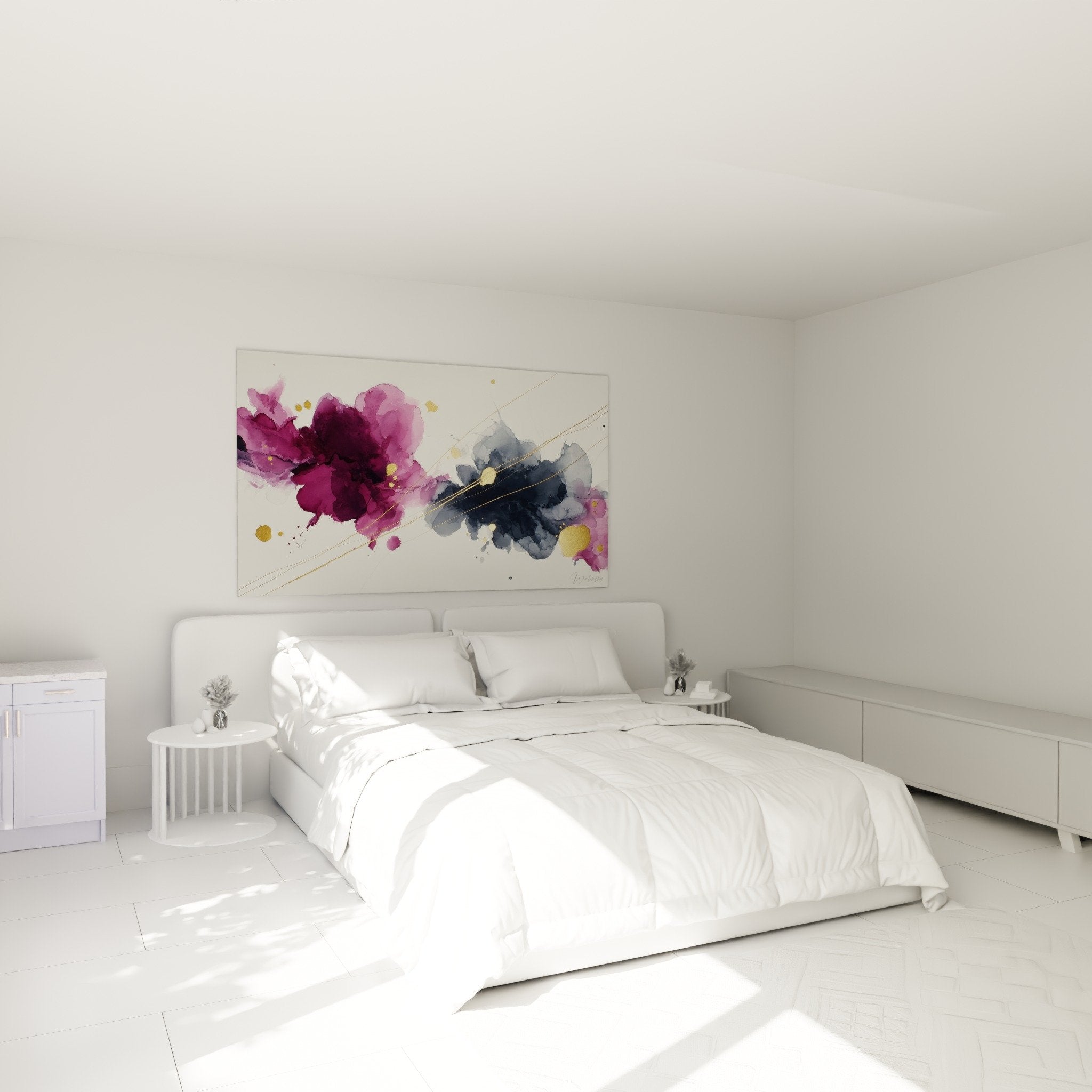Aquarelle abstraite violette et bleue dans chambre moderne decoration feng shui sud-est bois