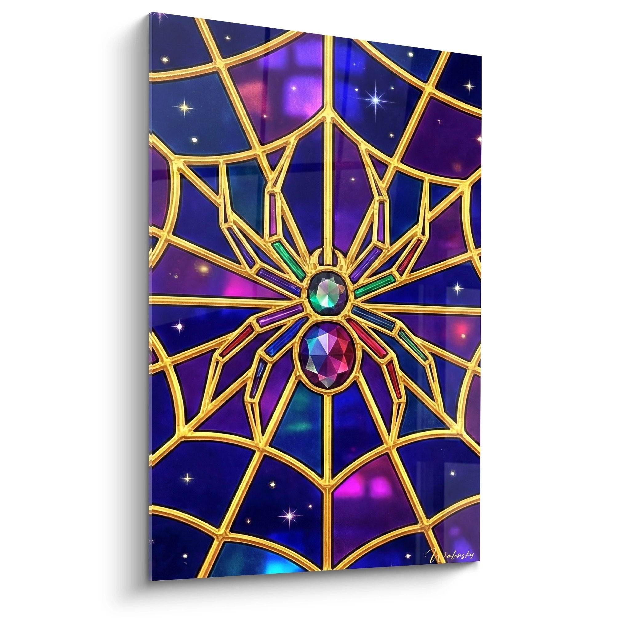 Goldene Spinne mit Edelsteinen auf kosmischem Hintergrund in Violett und Blau mit funkelnden Sternen