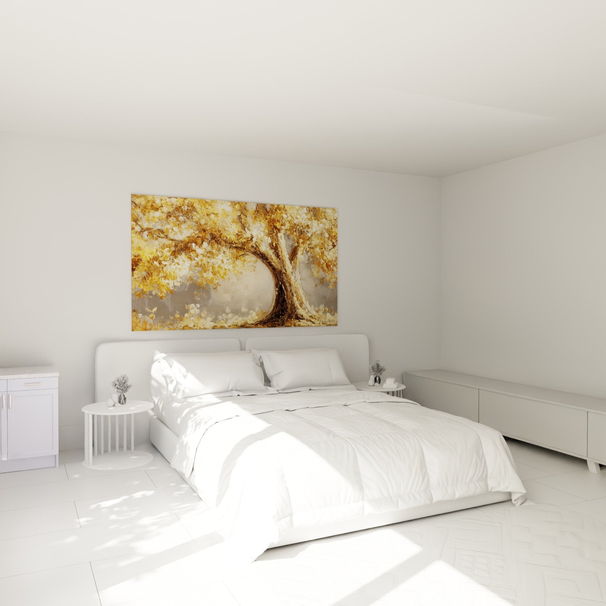 Tableau arbre doré automnal au-dessus lit, ambiance chambre cocooning tons neutres