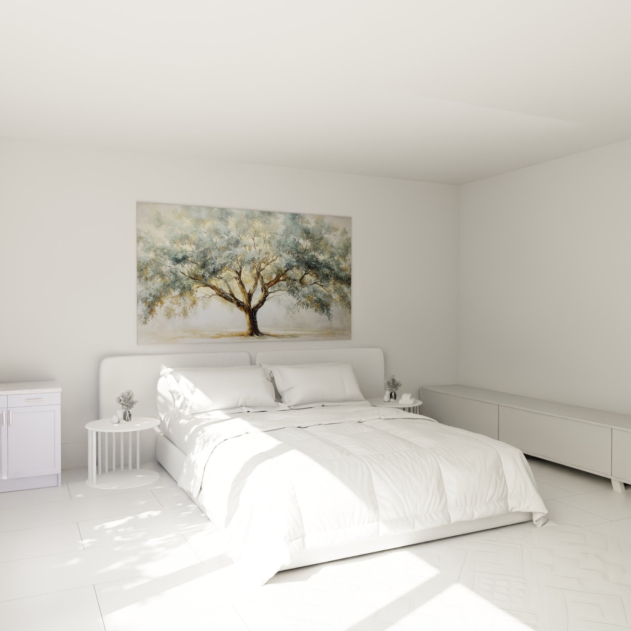 Tableau arbre majestueux gris bleu doré dans chambre moderne, ambiance sereine