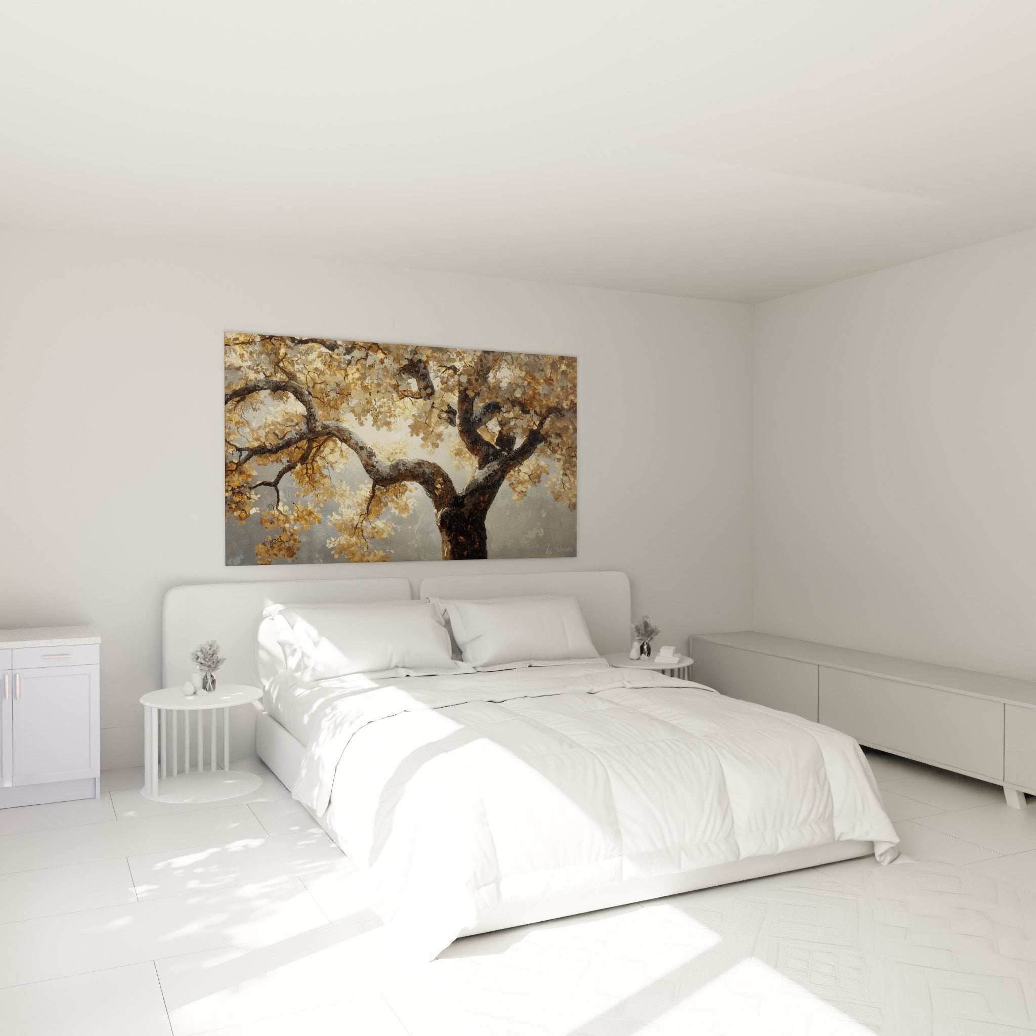 Tableau branches dorees chambre decoration murale arbre vie ambiance apaisante gris or