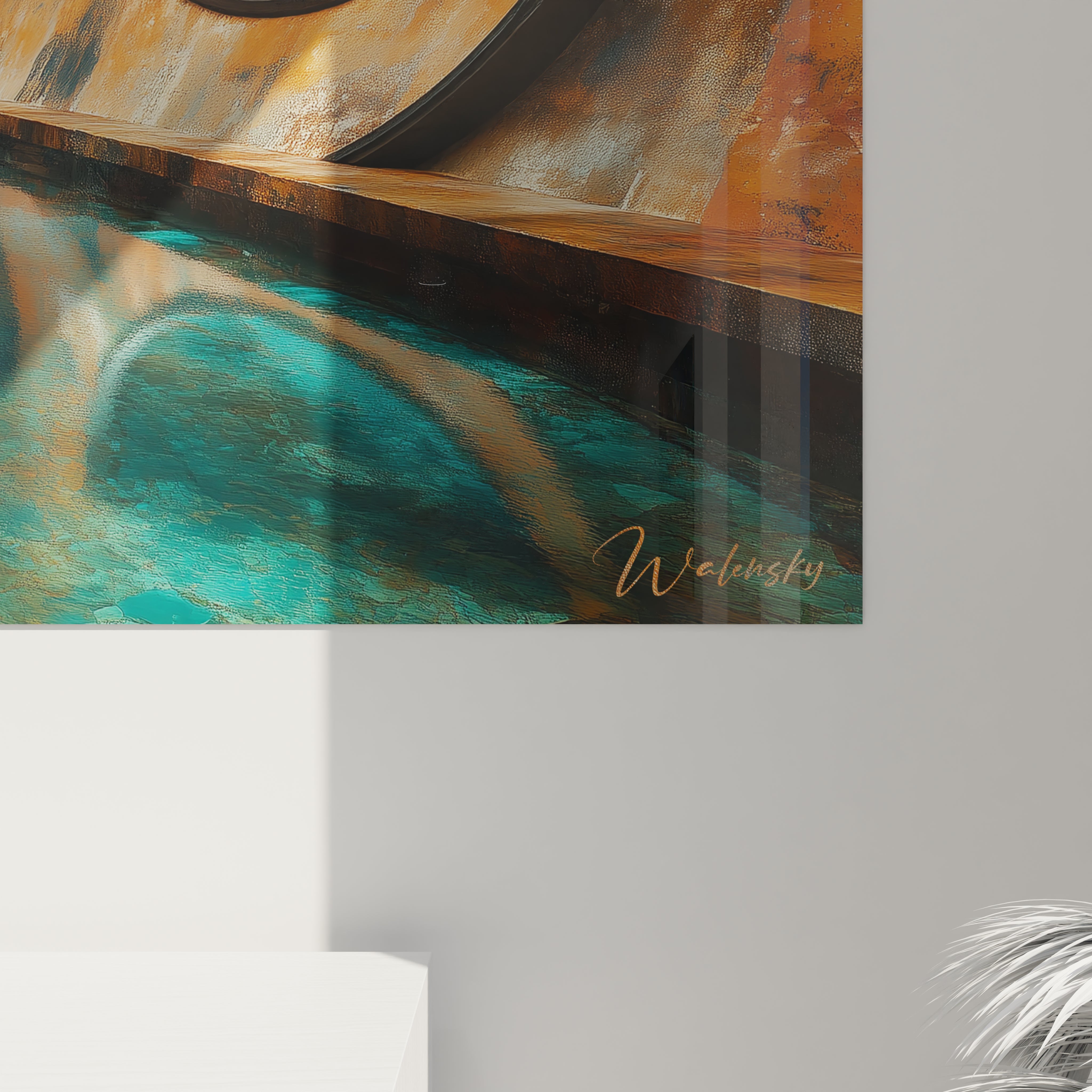 Tableau géométrique abstrait de Walensky avec des formes fluides en bleu et orange, idéal pour la décoration moderne