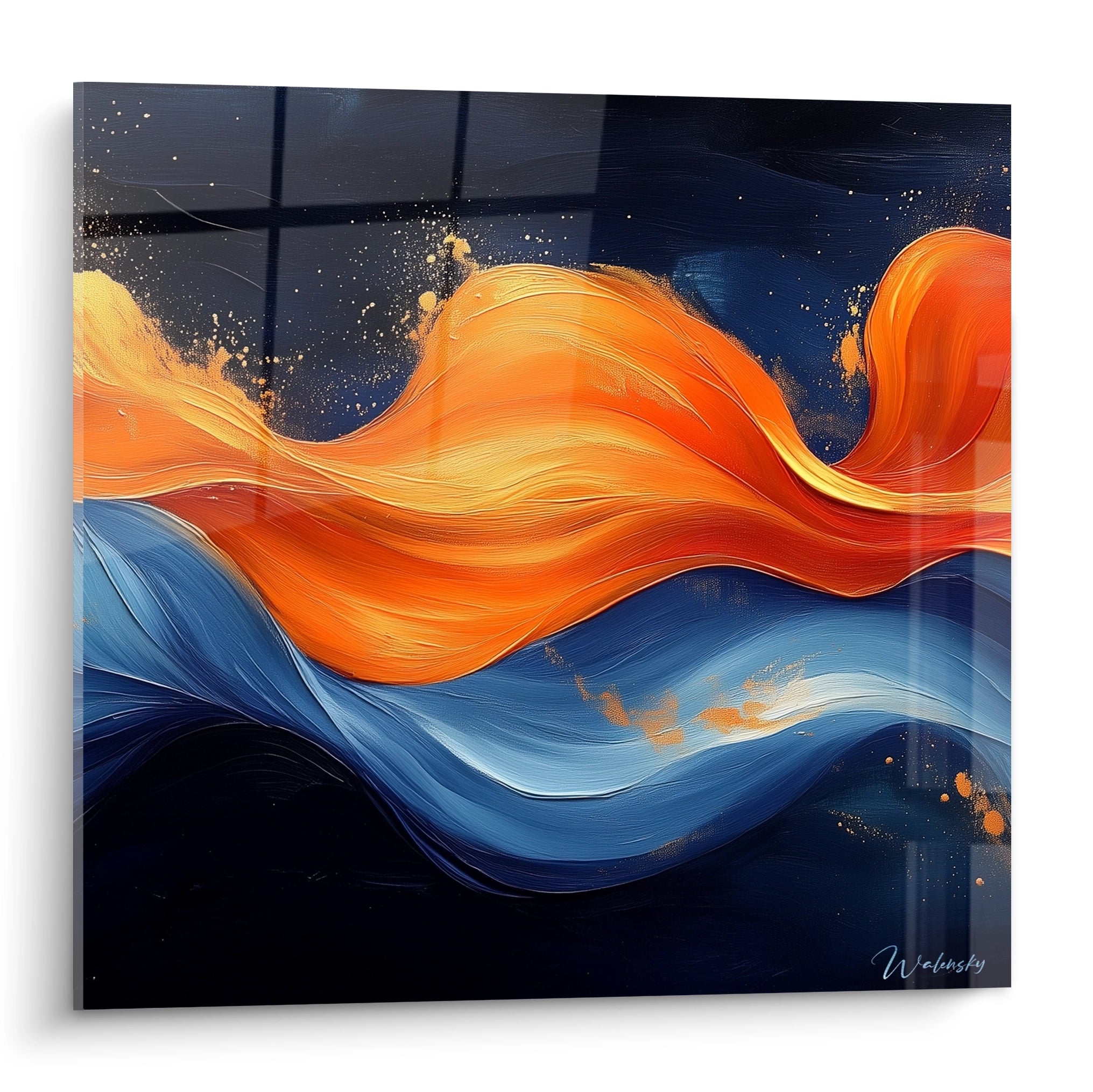 Tableau moderne abstrait de Walensky avec des vagues orange et bleue sur fond sombre