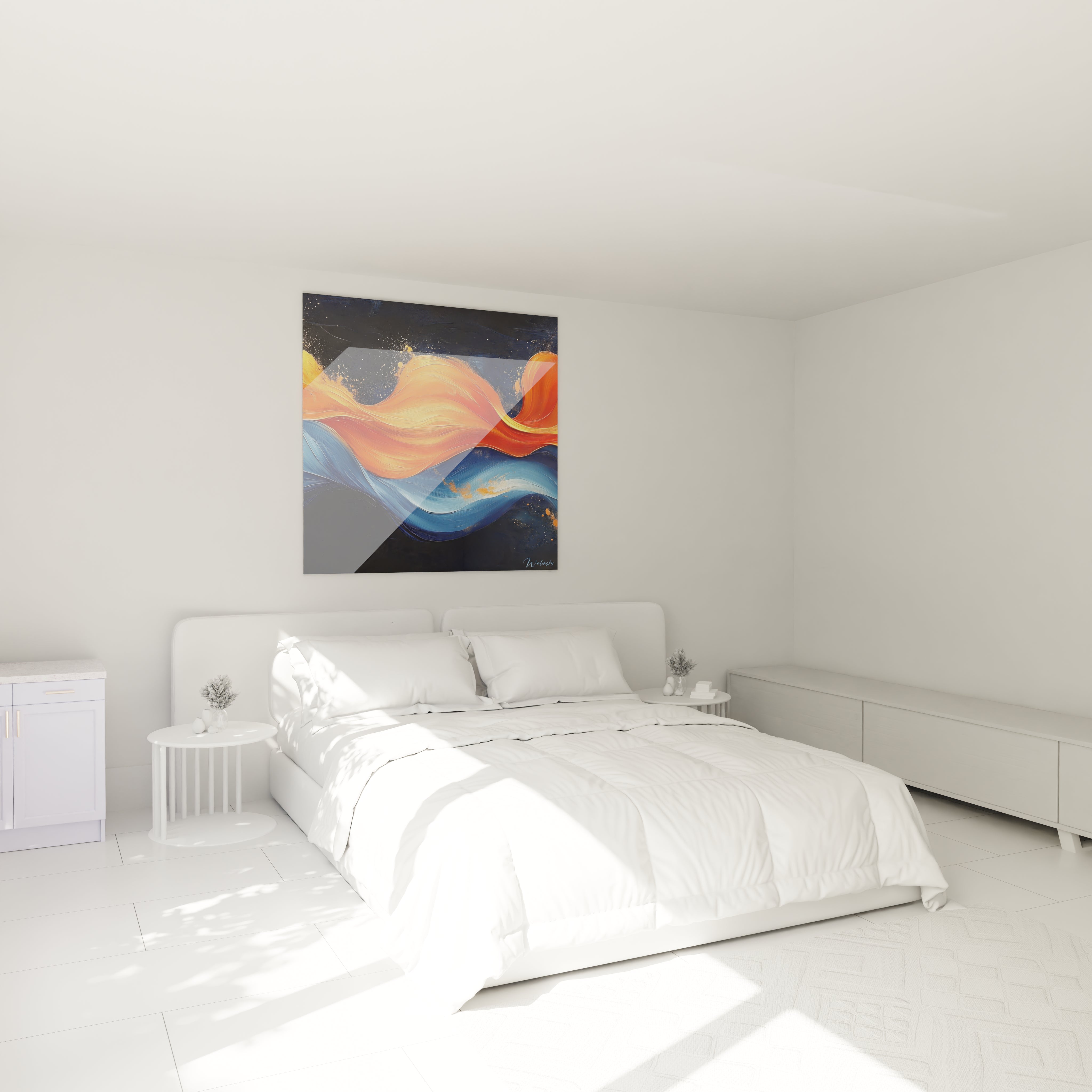 Tableau moderne abstrait Walensky avec des vagues de couleurs chaudes sur fond noir dans une chambre lumineuse