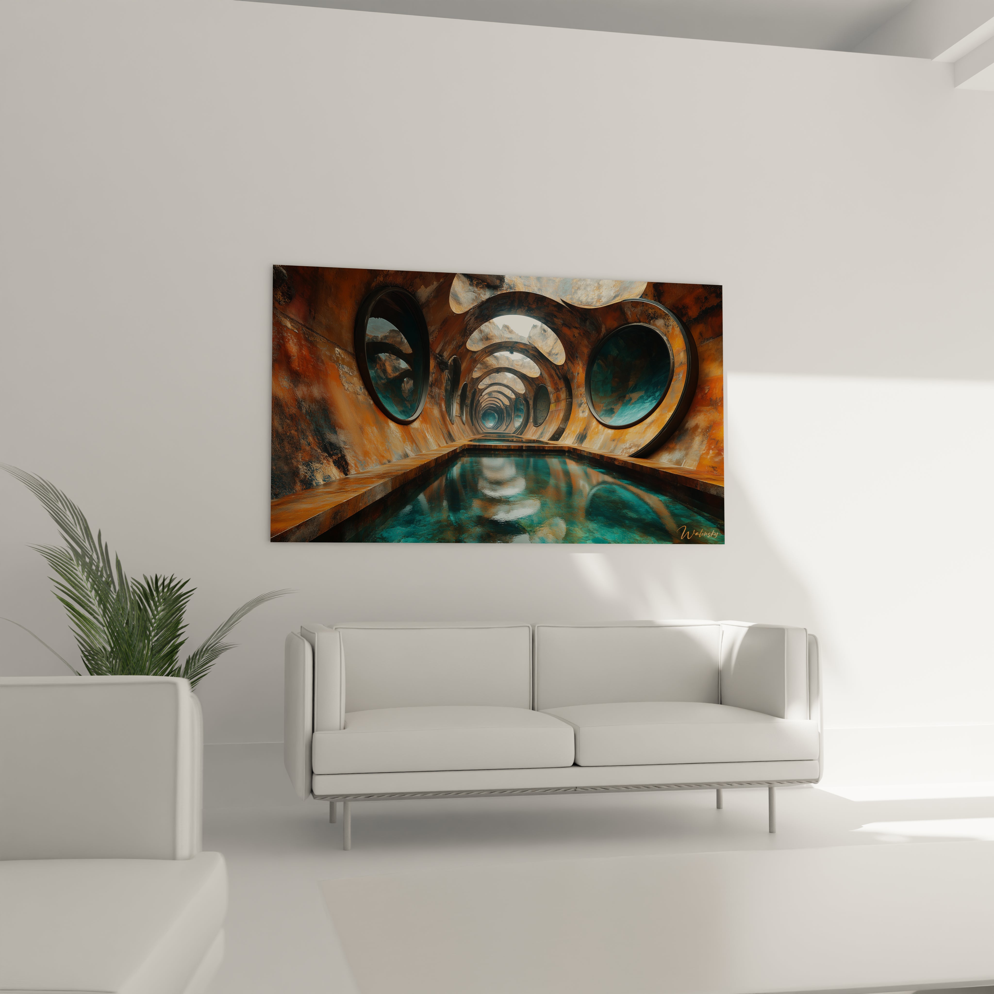 Tableau géométrique abstrait de Walensky avec des formes circulaires et des teintes aquatiques
