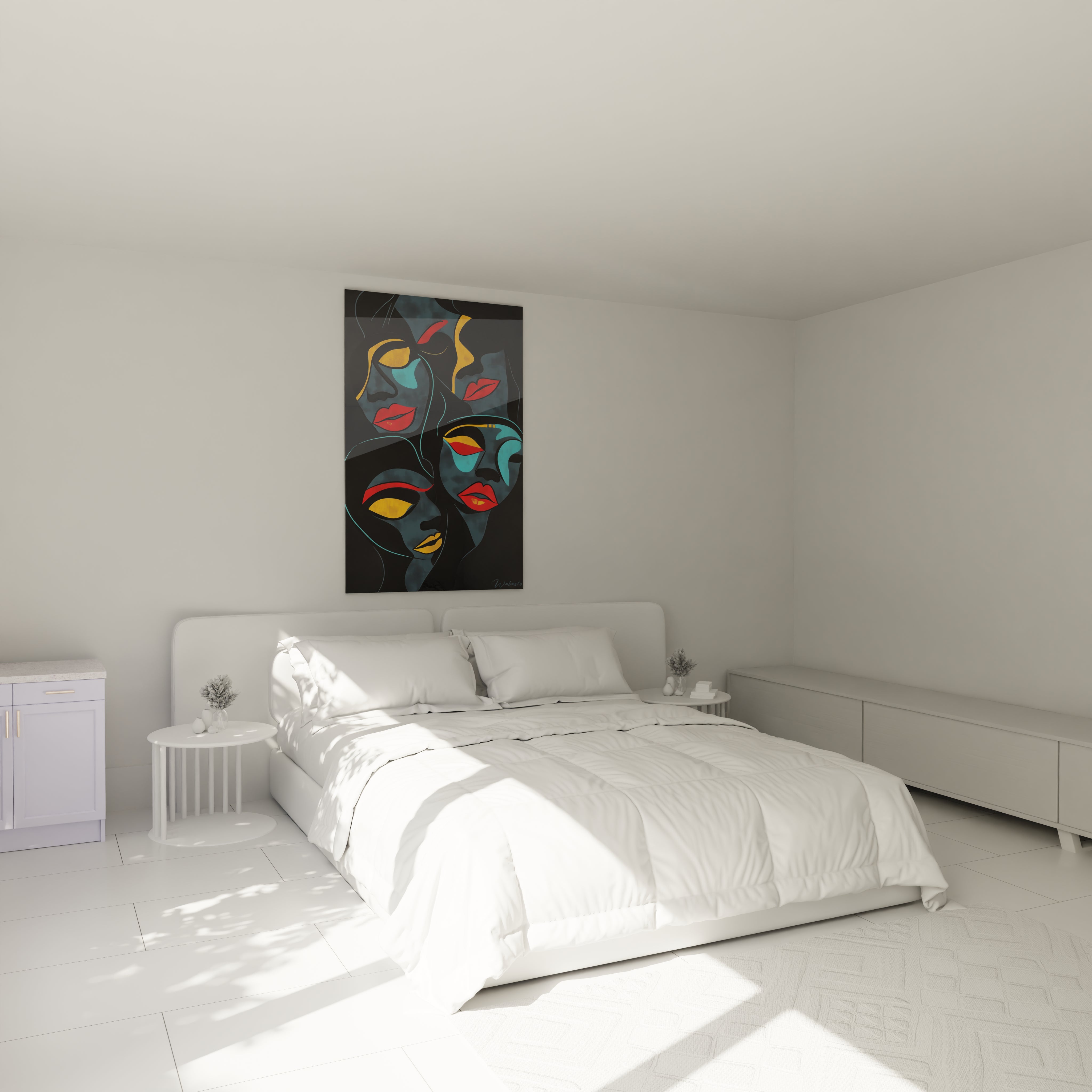 Tableau africain mural coloré Walensky décorant une chambre lumineuse avec lit blanc