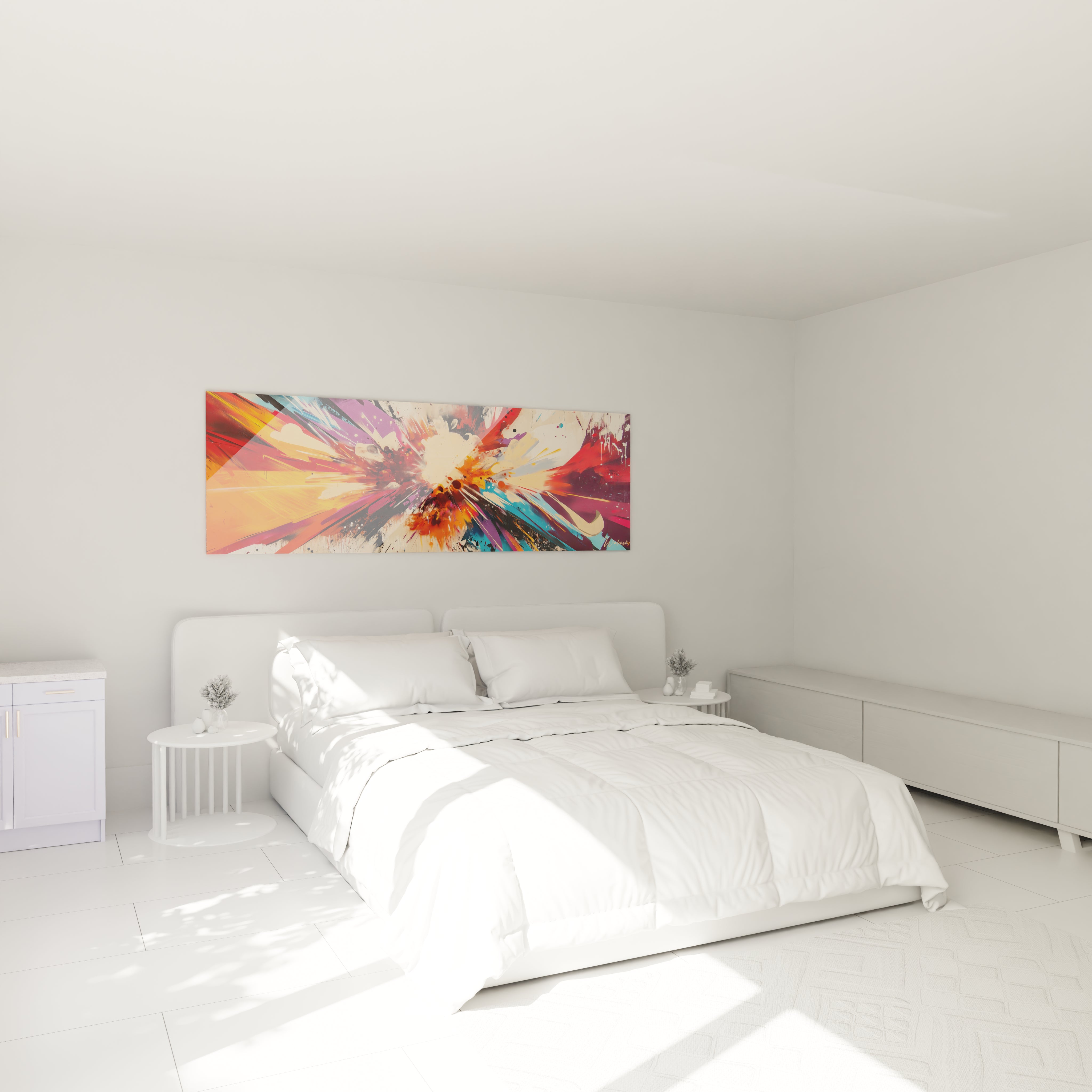 Tableau multicolore abstrait Walensky décorant une chambre lumineuse et moderne
