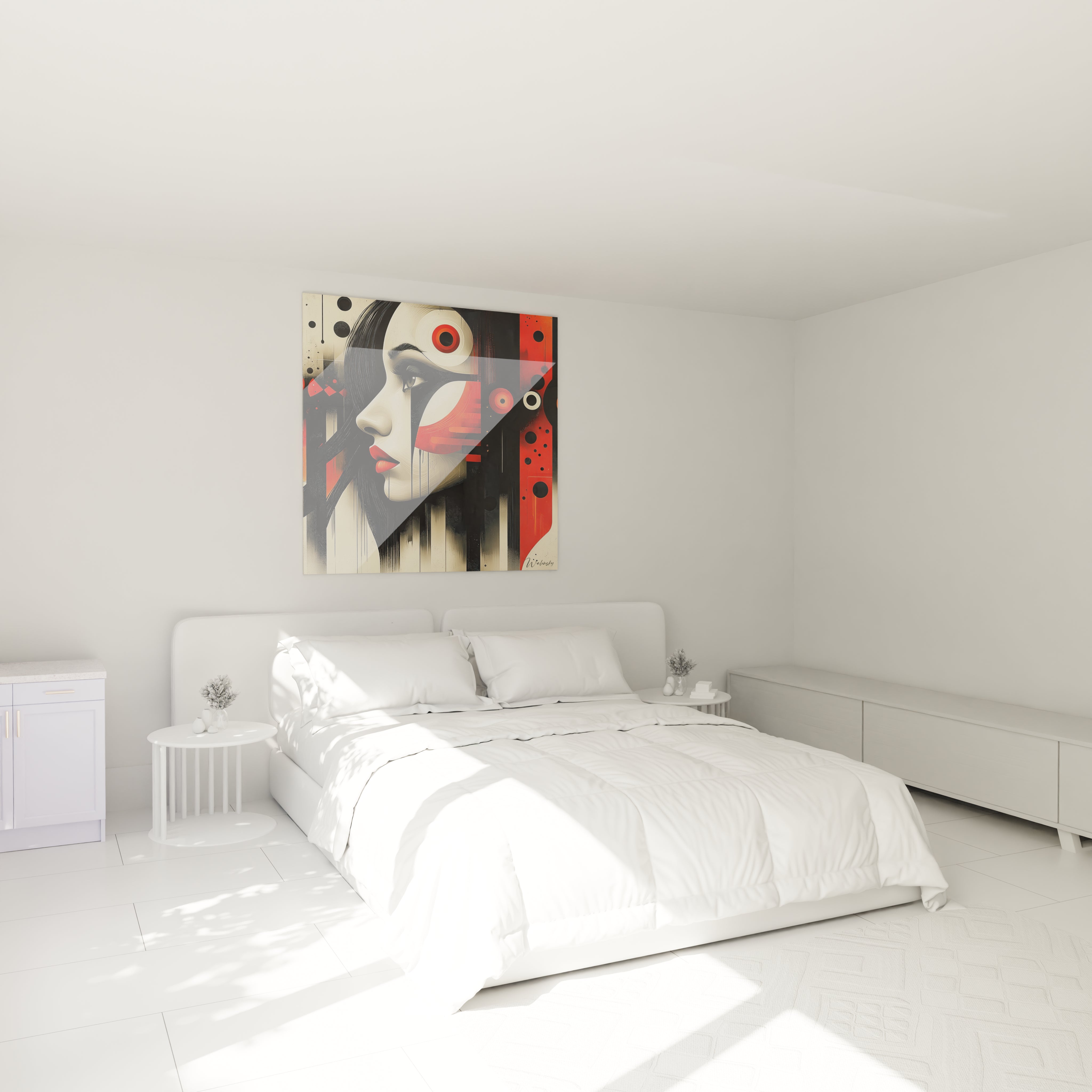 Tableau africain mural Walensky représentant un visage stylisé en noir blanc et rouge dans une chambre moderne