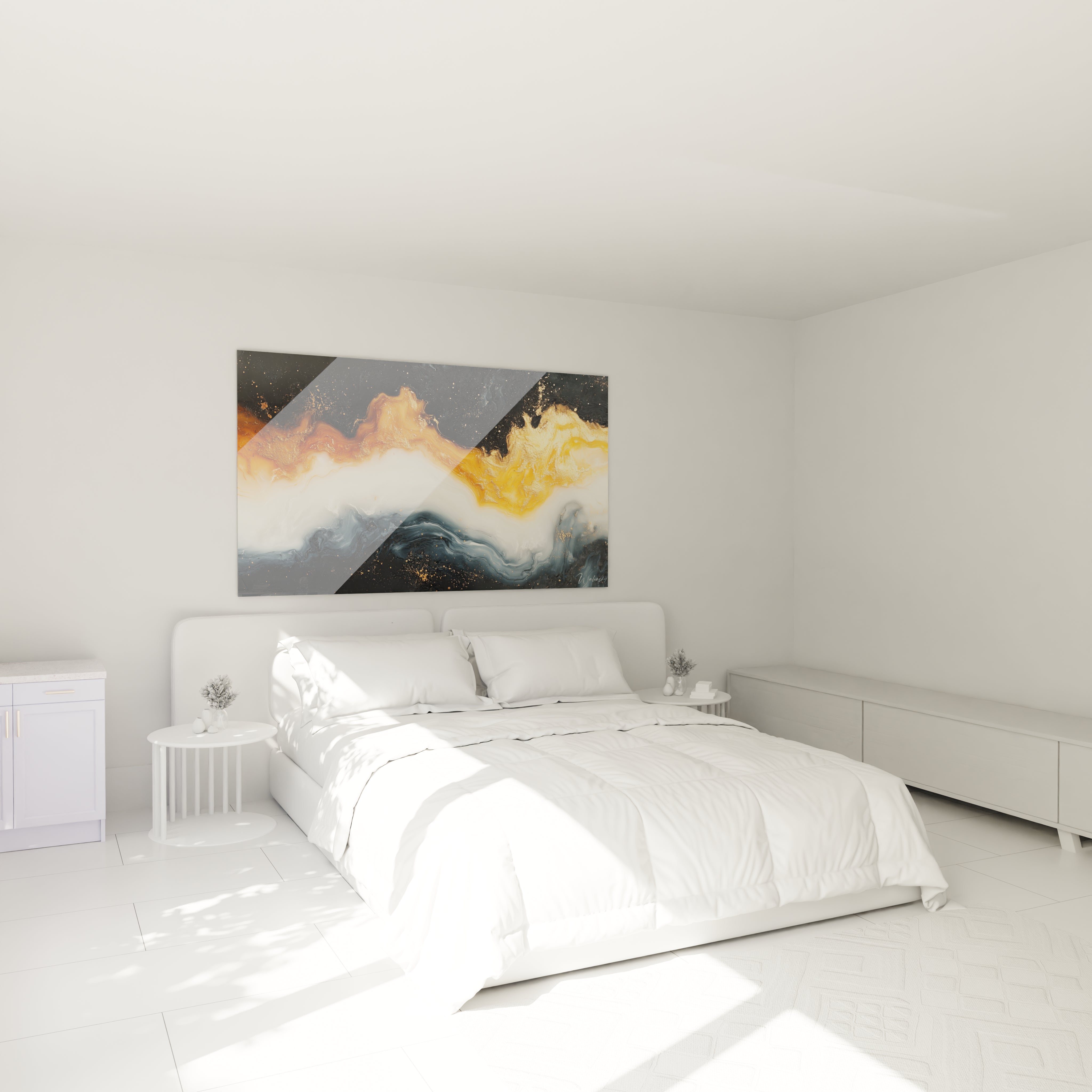 Tableau peinture abstrait Walensky avec des teintes de jaune et de bleu pour une décoration moderne de chambre