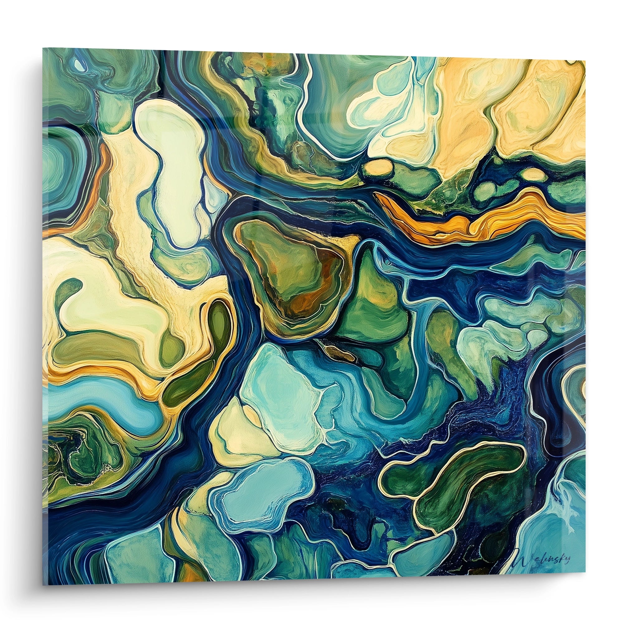 Tableau moderne abstrait de Walensky avec des motifs fluides en bleu, vert et doré