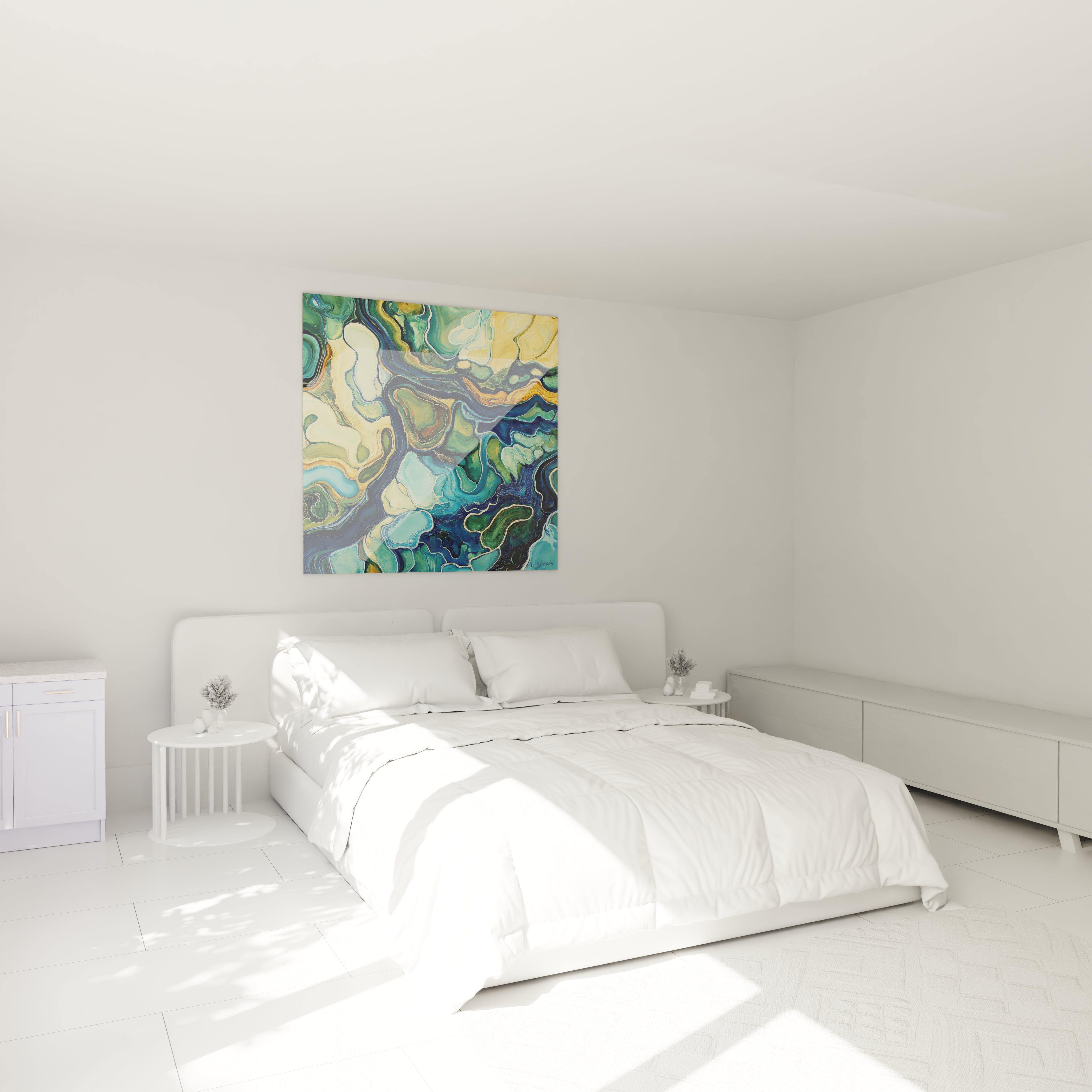 Tableau moderne abstrait de Walensky avec des motifs fluides et des couleurs apaisantes dans une chambre