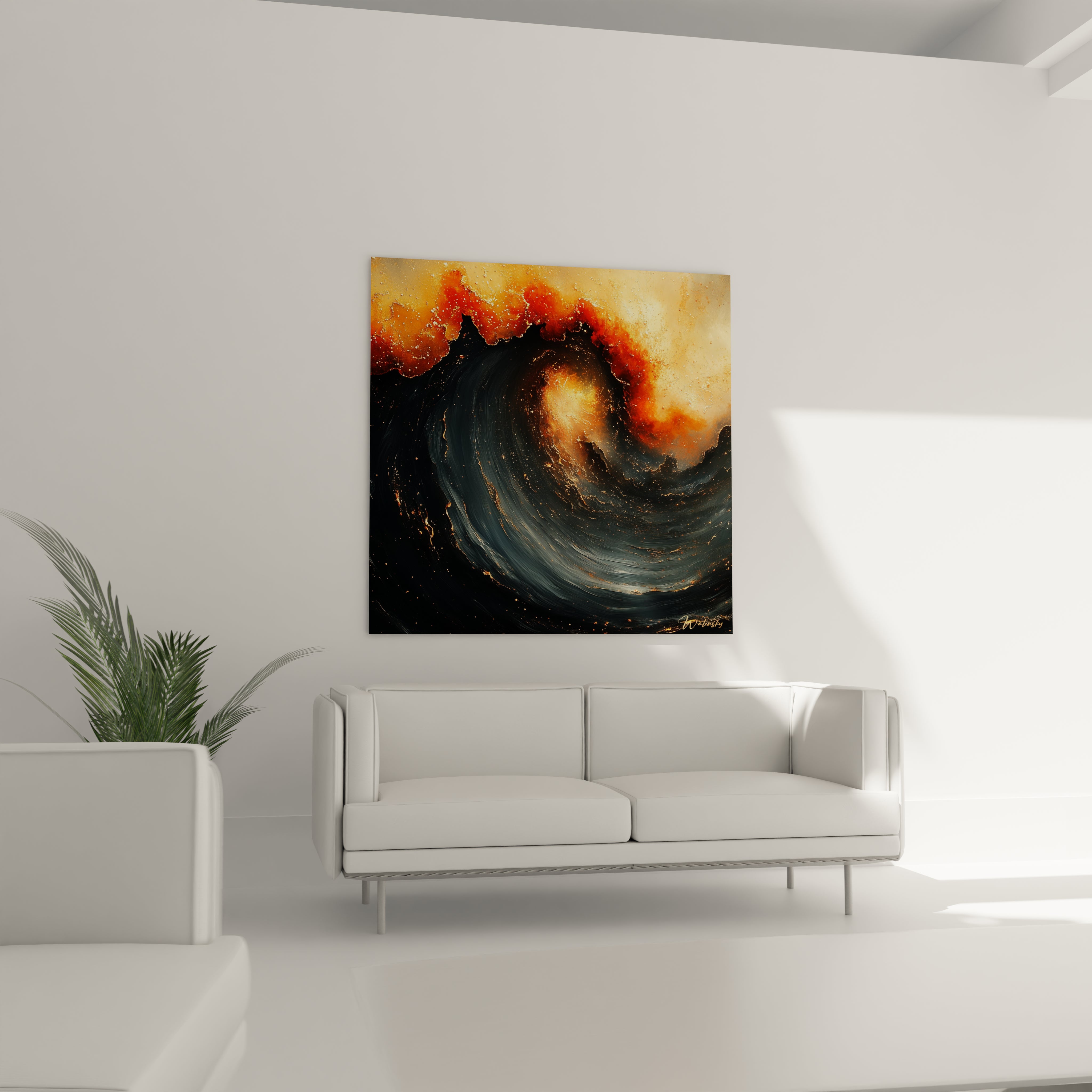 Tableau expressionniste abstrait de Walensky représentant une vague tourbillonnante aux couleurs chaudes