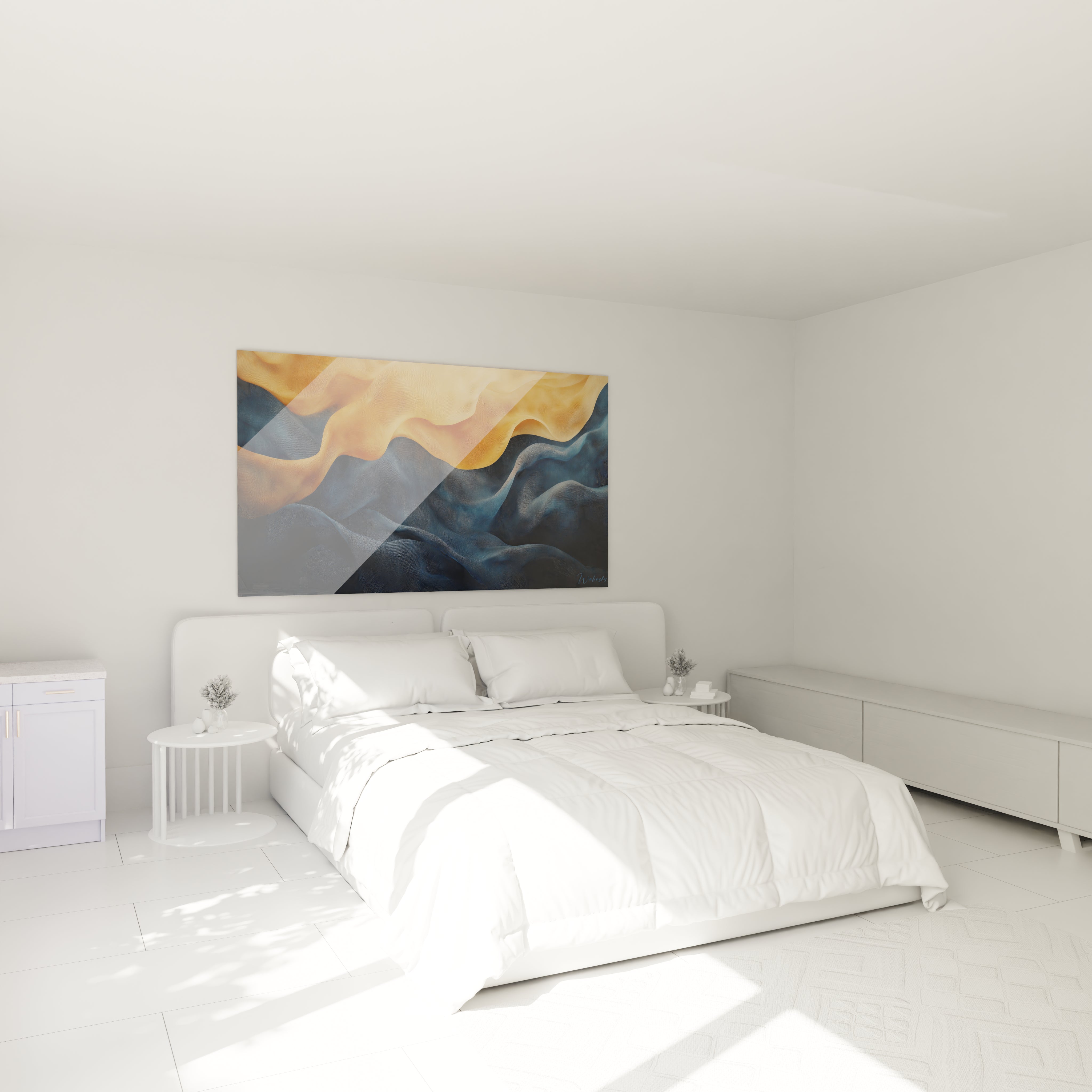 Tableau moderne abstrait de Walensky dans une chambre lumineuse avec des vagues dorées et bleues