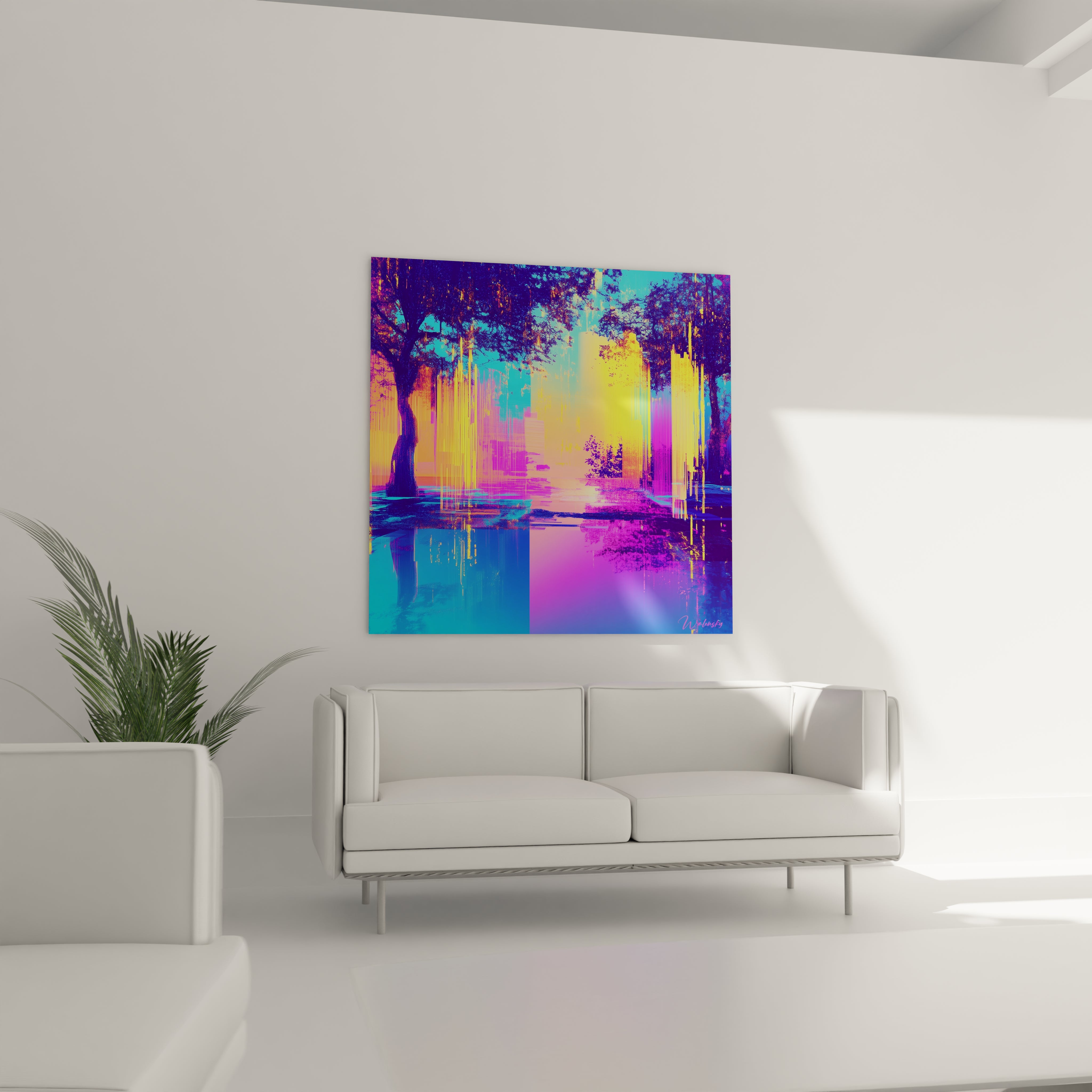 Tableau New York coloré abstrait accroché au mur d'un salon moderne avec canapé blanc