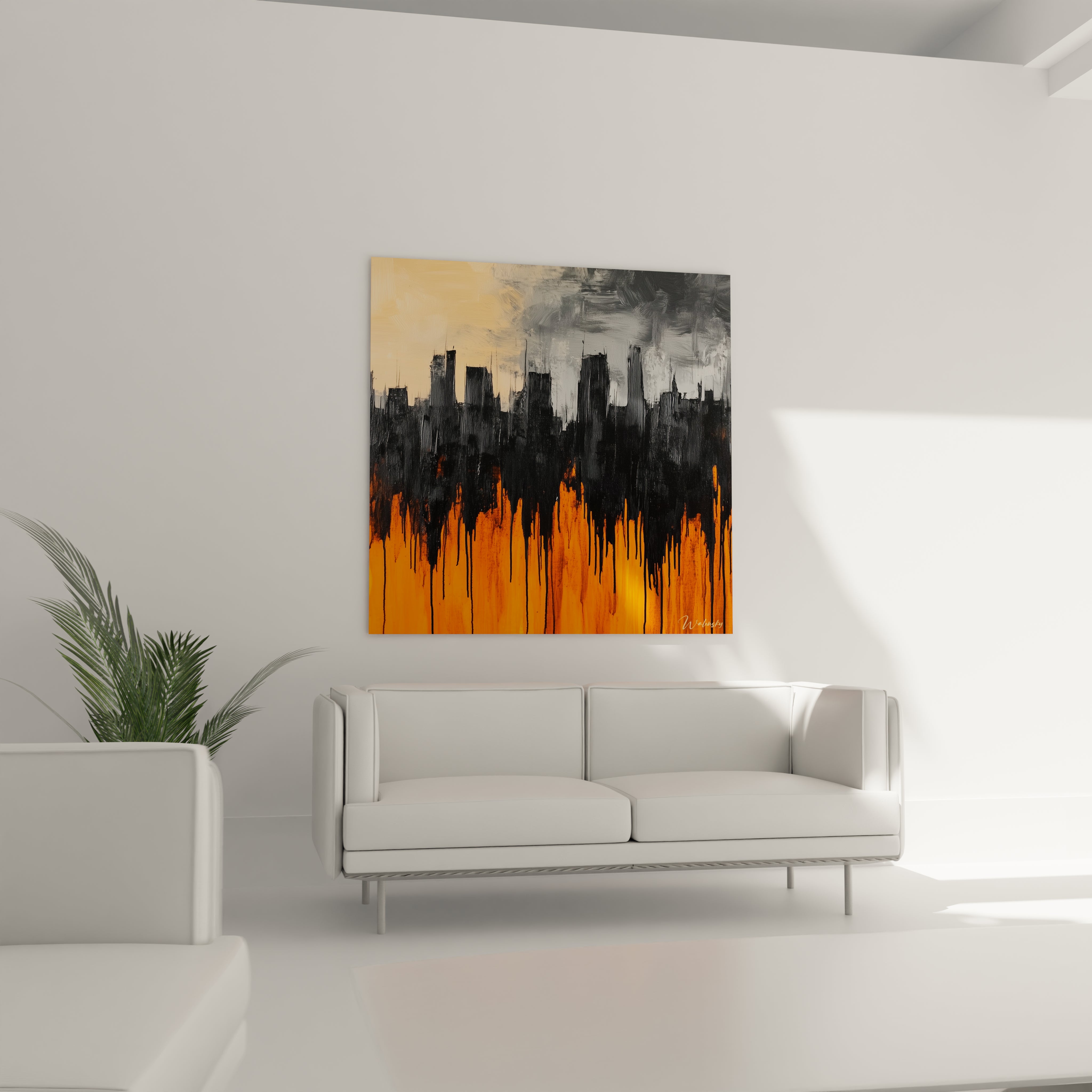 Tableau New York Walensky avec skyline en noir et orange suspendu au-dessus d'un canapé blanc dans un salon moderne