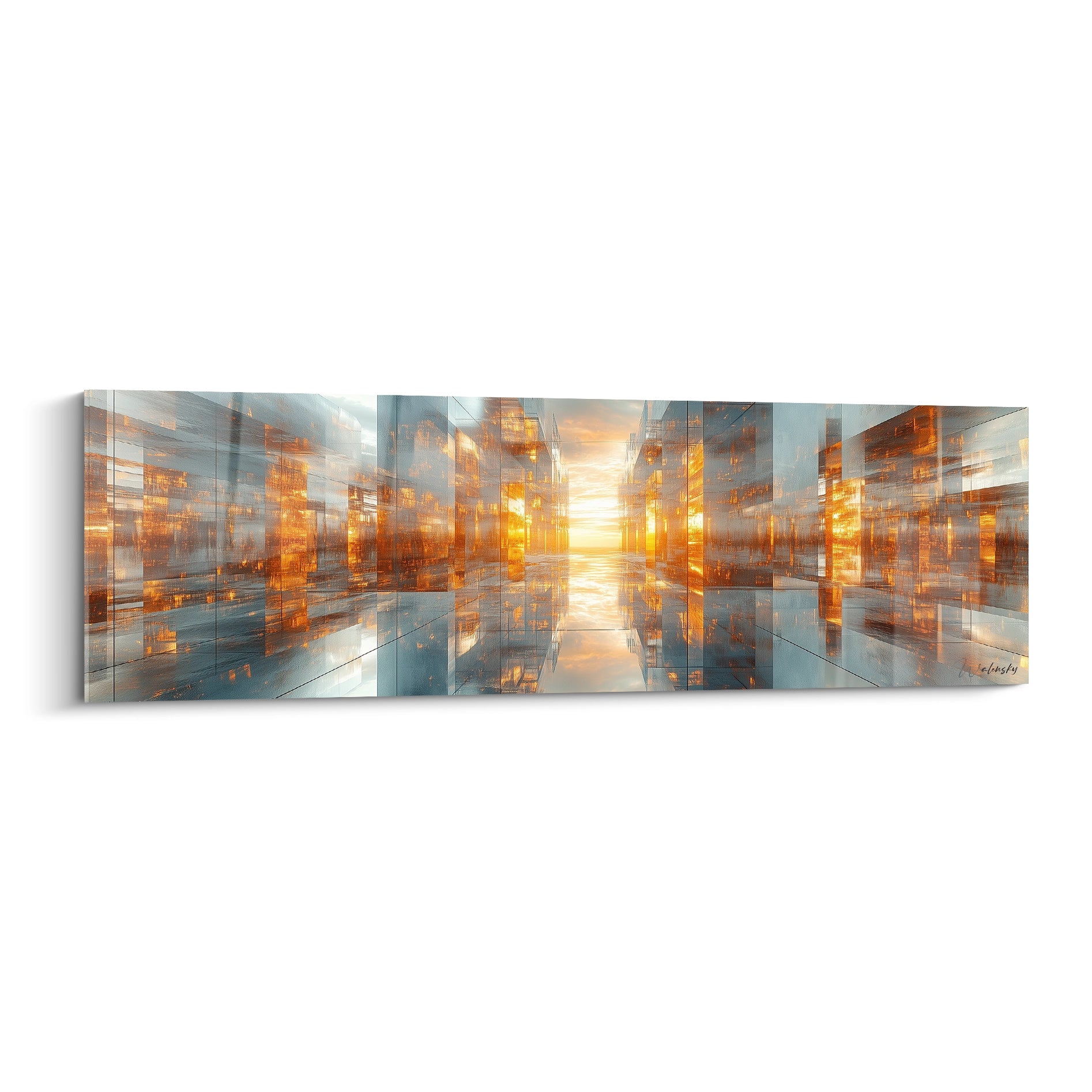 Tableau trompe l'œil Walensky vue futuriste avec reflets lumineux orange et bleus sur surface miroir