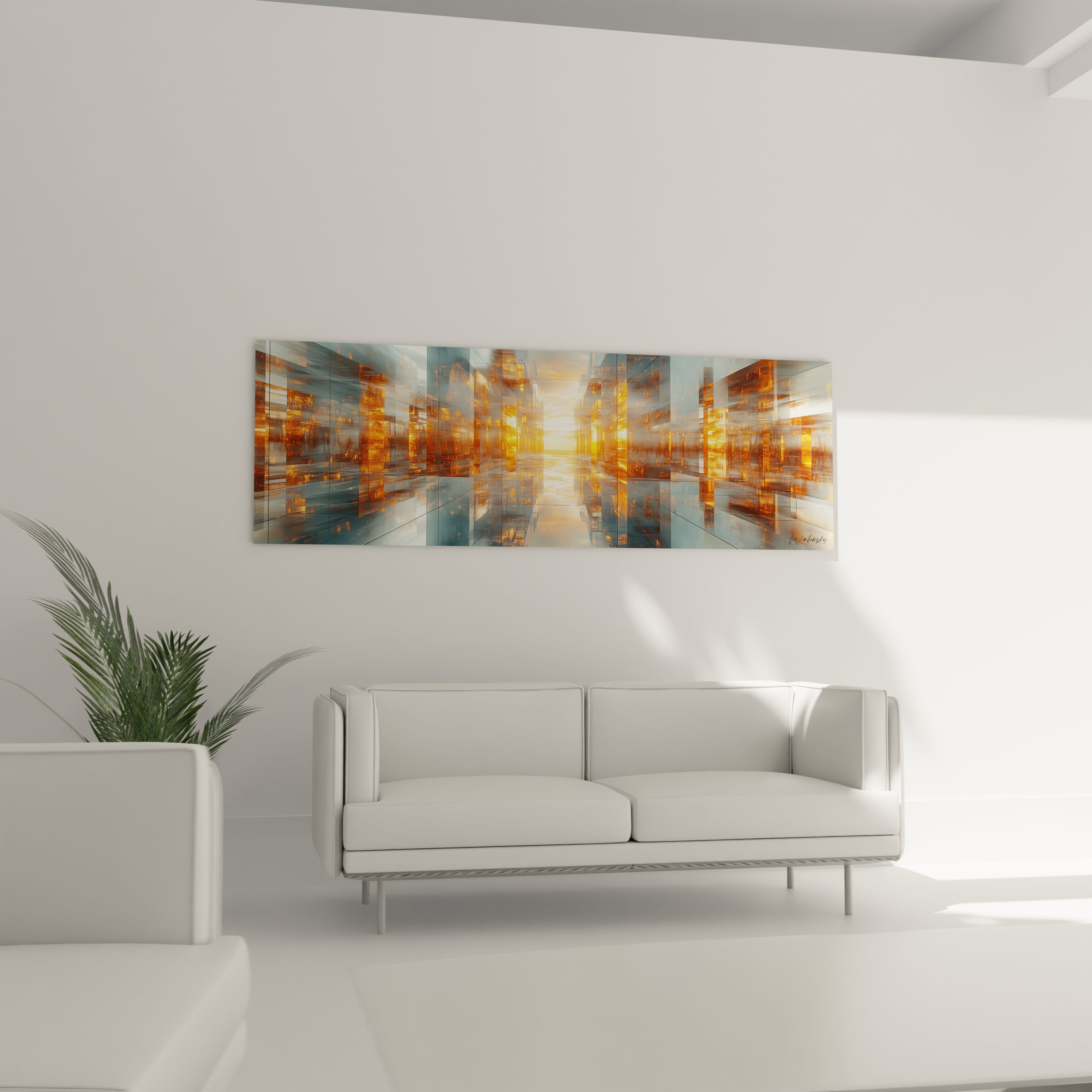 Tableau trompe l'œil Walensky représentant une perspective urbaine lumineuse suspendu dans un salon moderne blanc