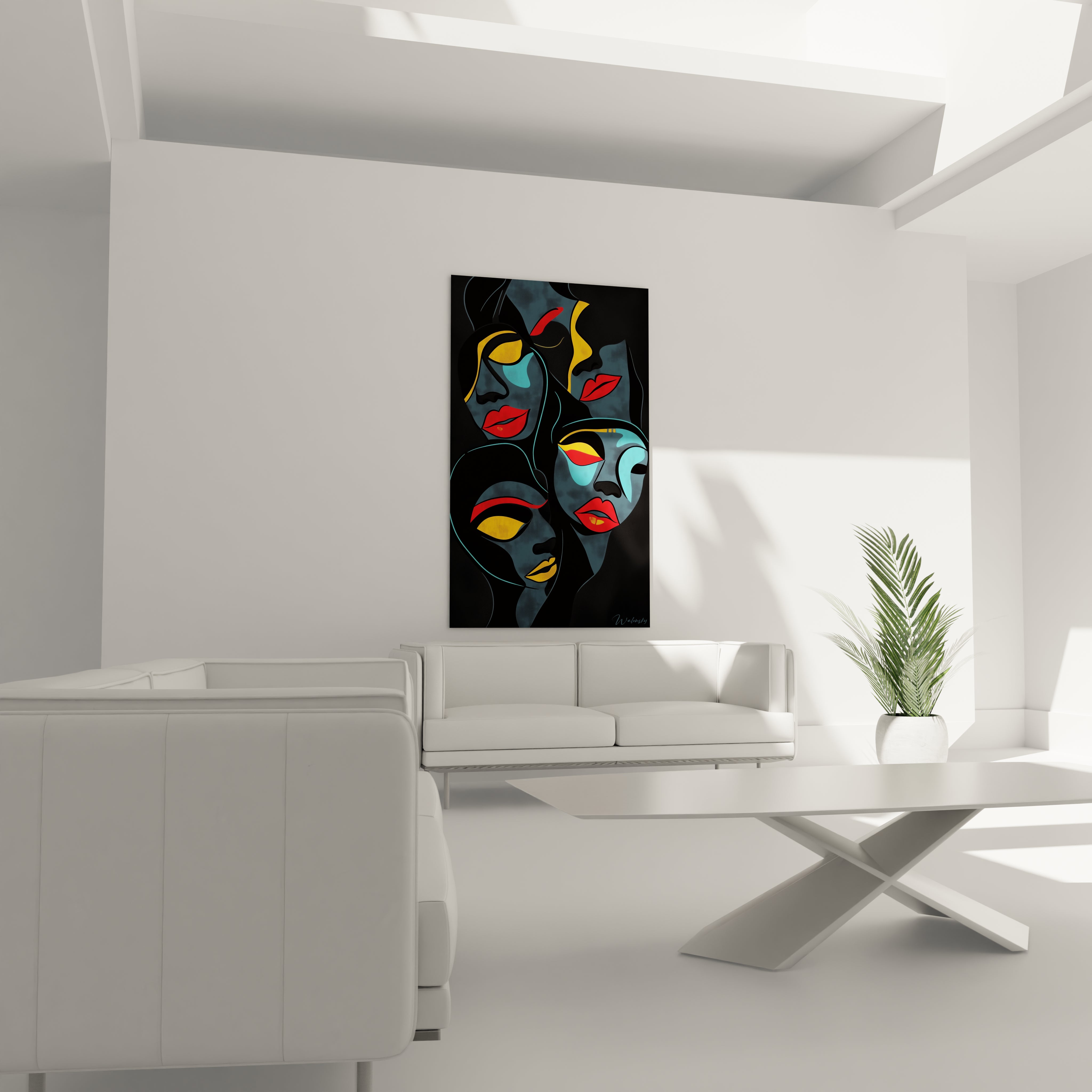 Tableau africain mural Walensky avec visages colorés sur fond noir dans un salon moderne