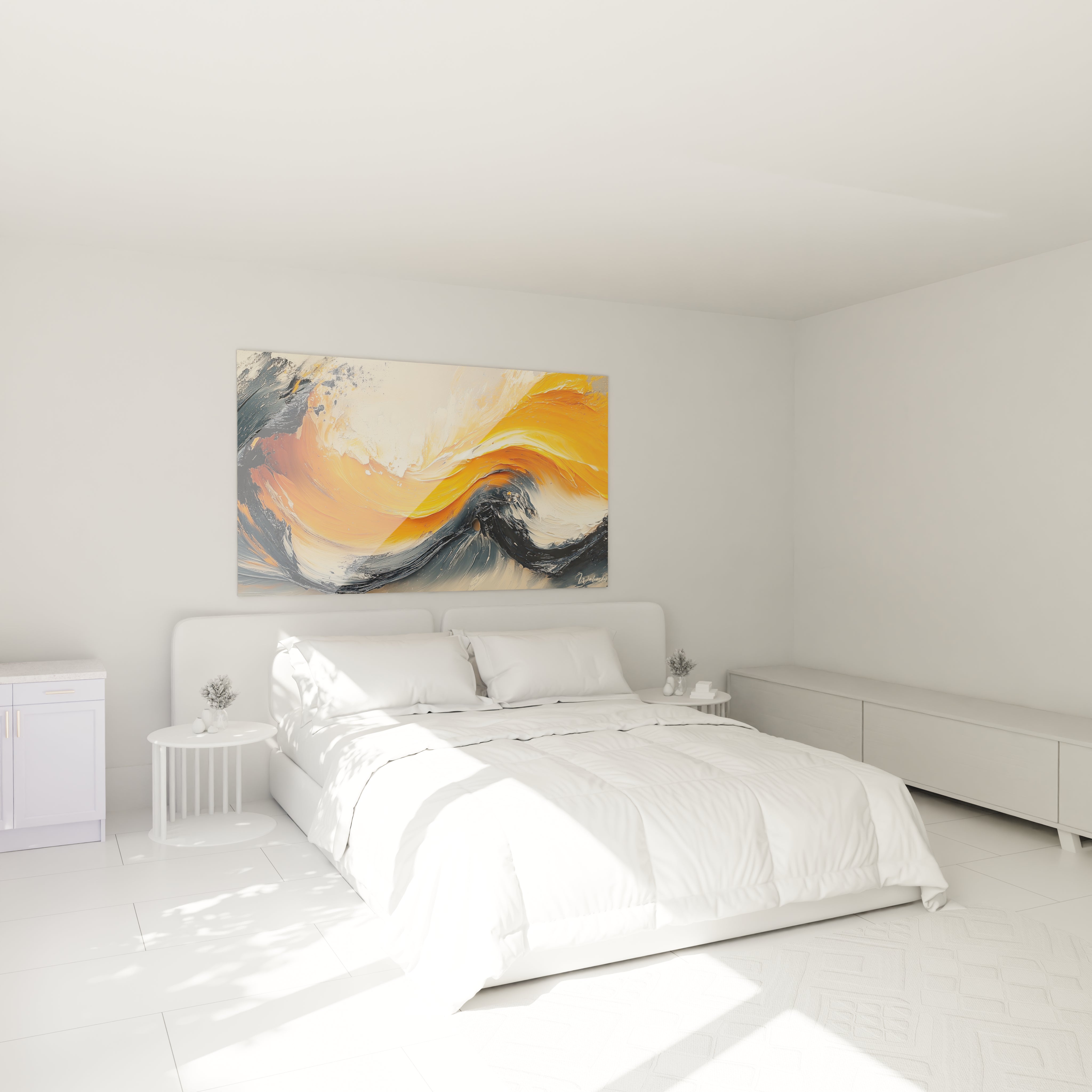 Tableau peinture abstrait Walensky avec des vagues jaunes et grises pour une décoration moderne