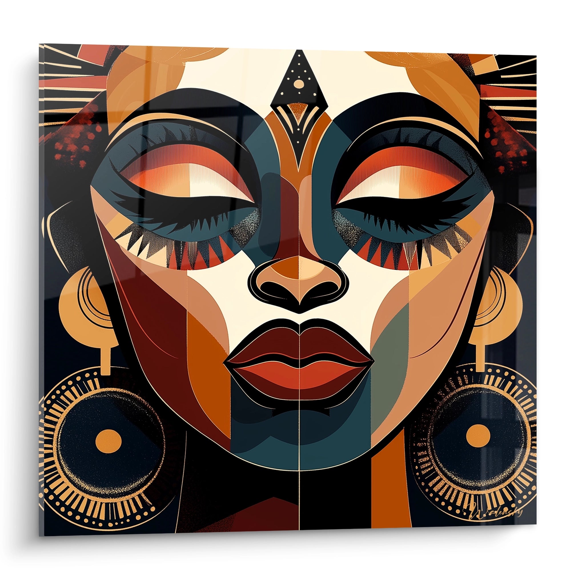 Tableau africain mural Walensky représentant un visage féminin stylisé aux couleurs chaudes et motifs géométriques
