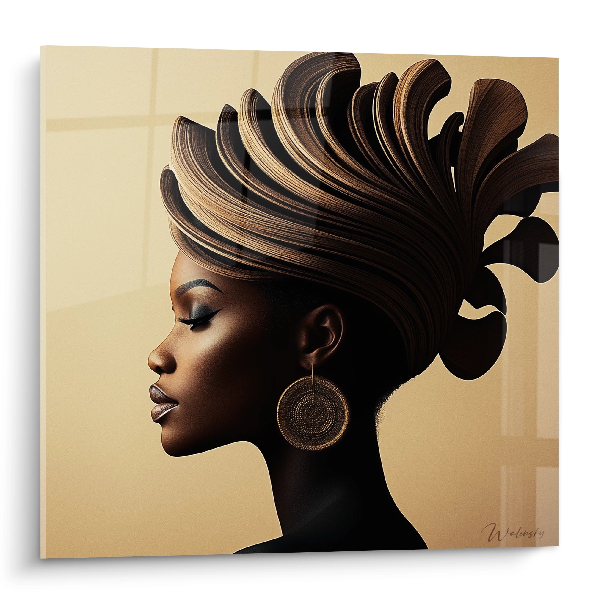 Tableau africain mural Walensky portrait d'une femme noire élégante avec coiffure artistique et boucle d'oreille ronde