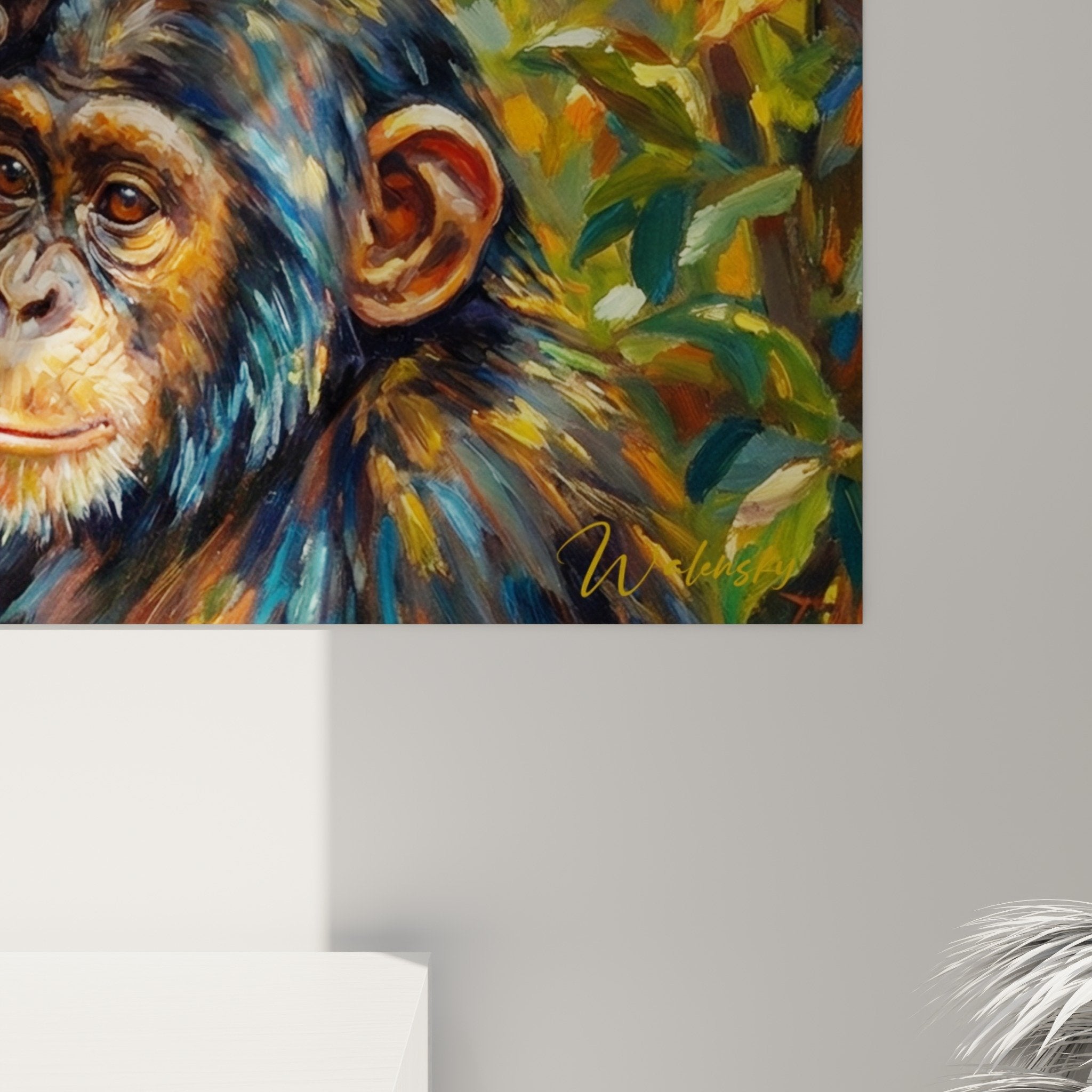 Gesamtansicht Leinwand Schimpansen Zärtlichkeit, reichhaltige Farbpalette, zeitgenössische Tierkunst