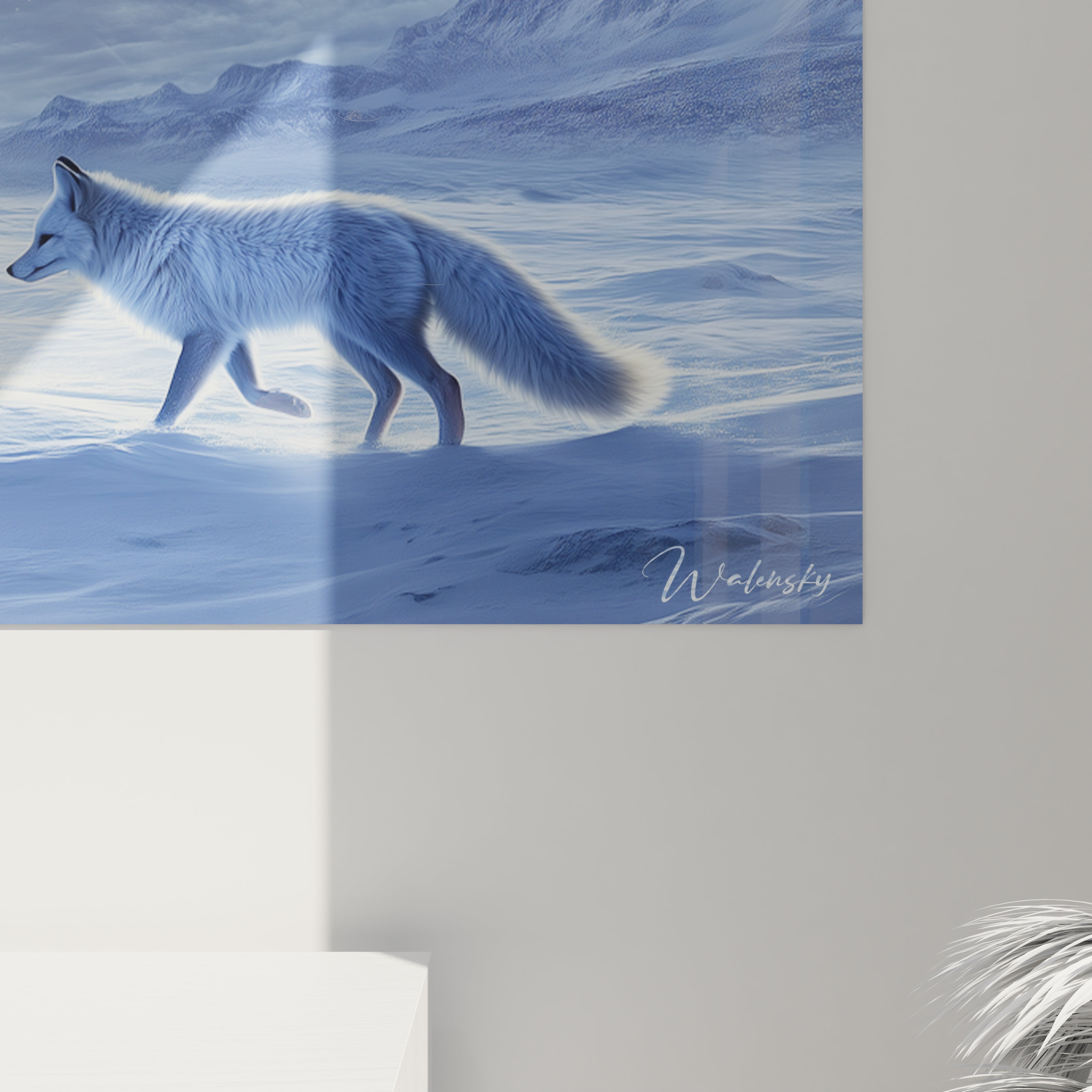 Tableau renard blanc marchant dans un paysage hivernal bleu signé Walensky