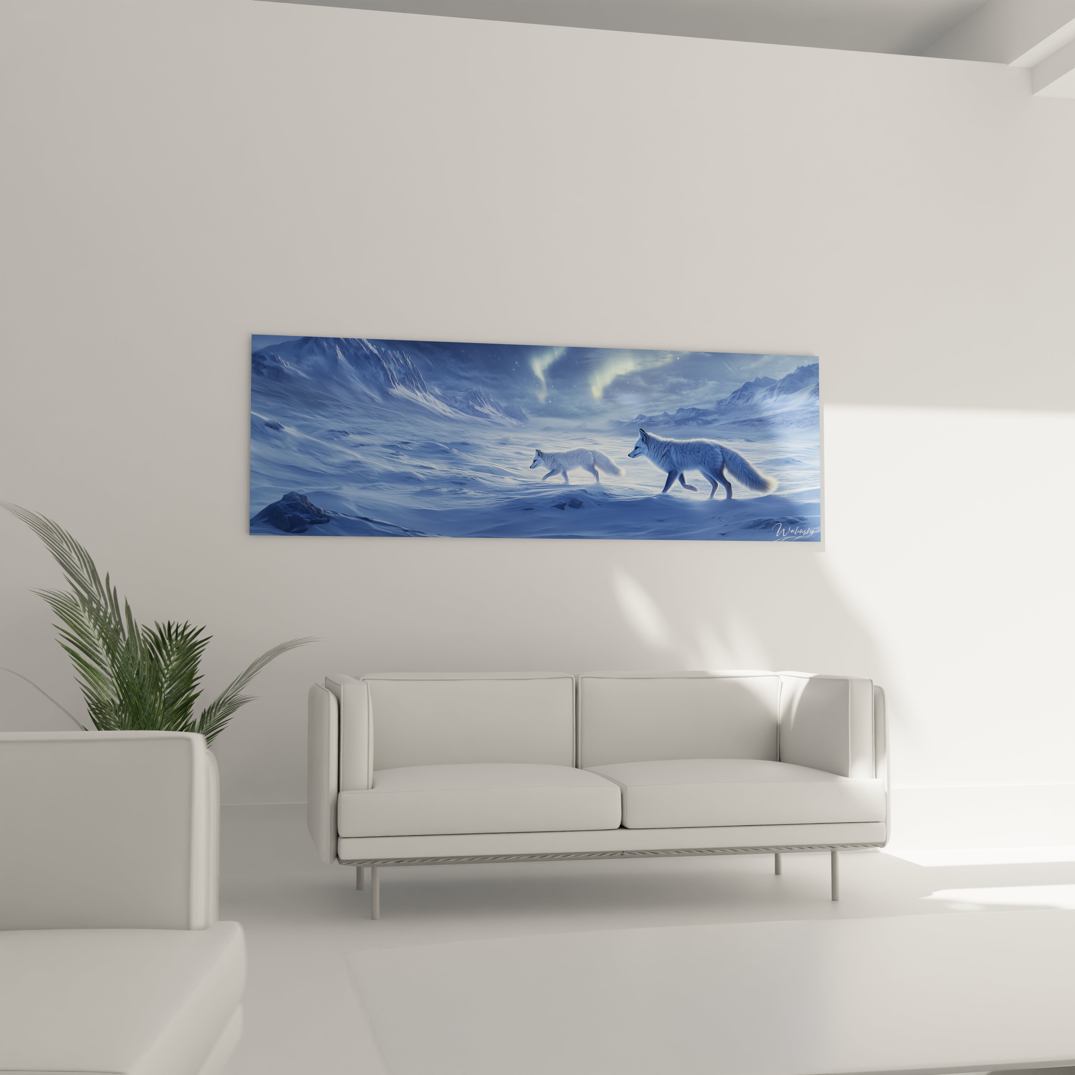 Tableau renard Walensky avec deux renards dans un paysage enneigé aux nuances bleues accroché au mur d'un salon moderne blanc