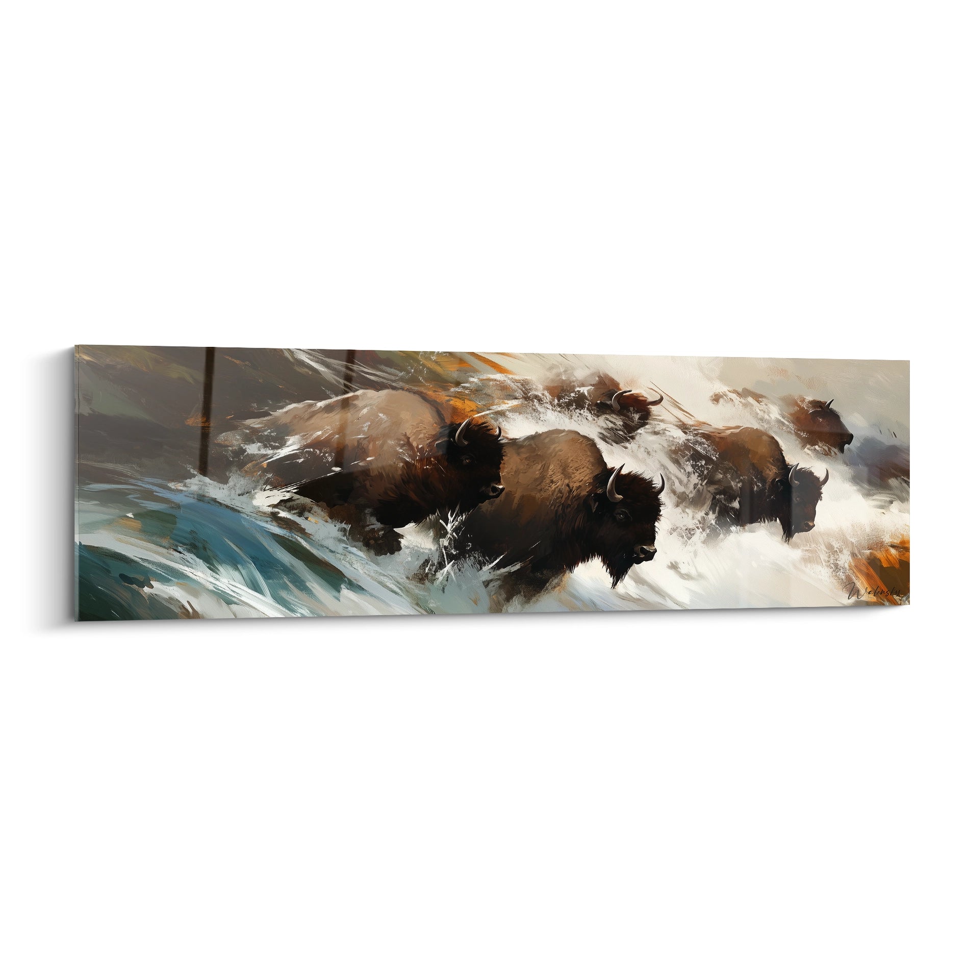 Tableau bison de Walensky, représentant des bisons traversant une eau tumultueuse