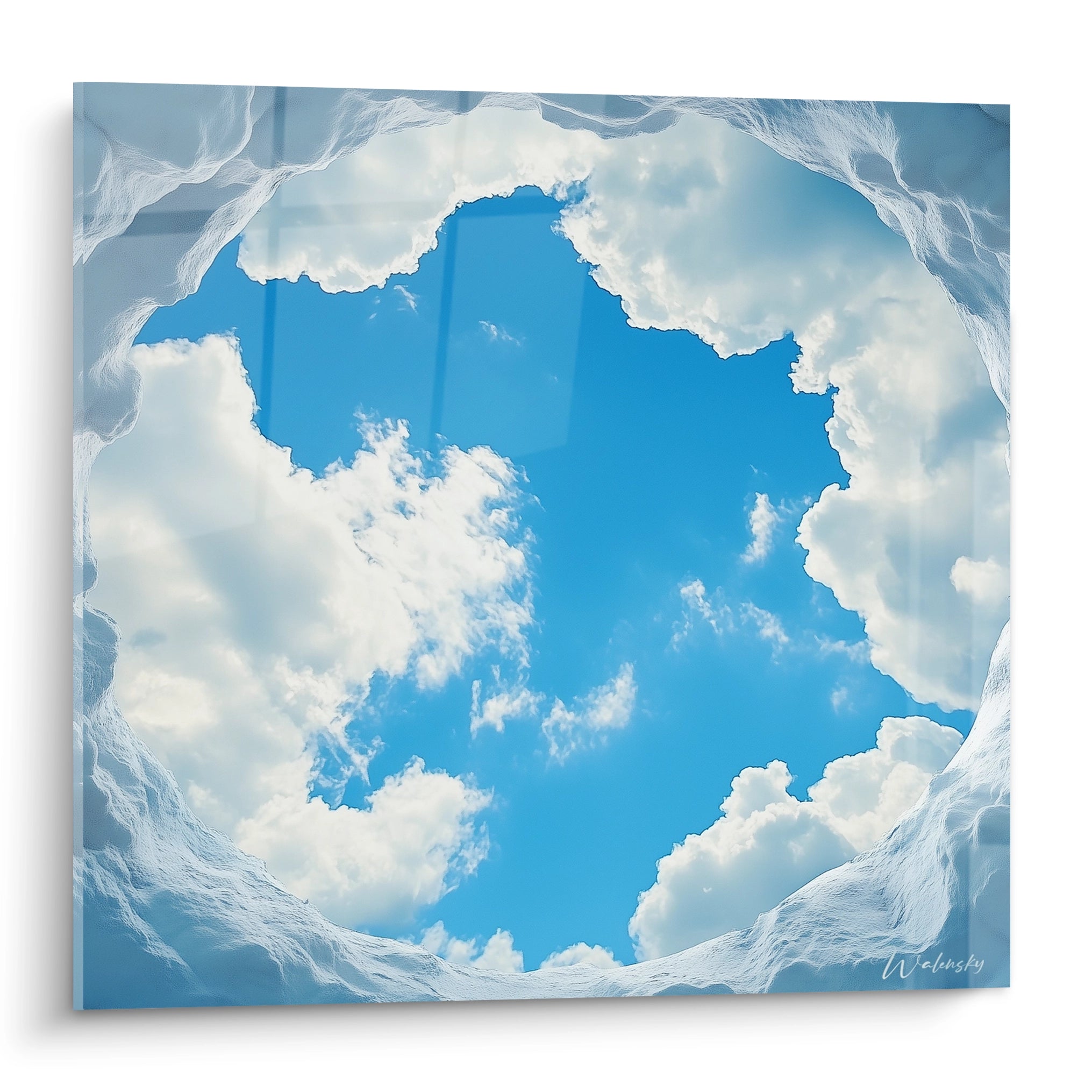 Tableau trompe l'œil Walensky représentant un ciel bleu avec des nuages vus d'un trou dans la neige
