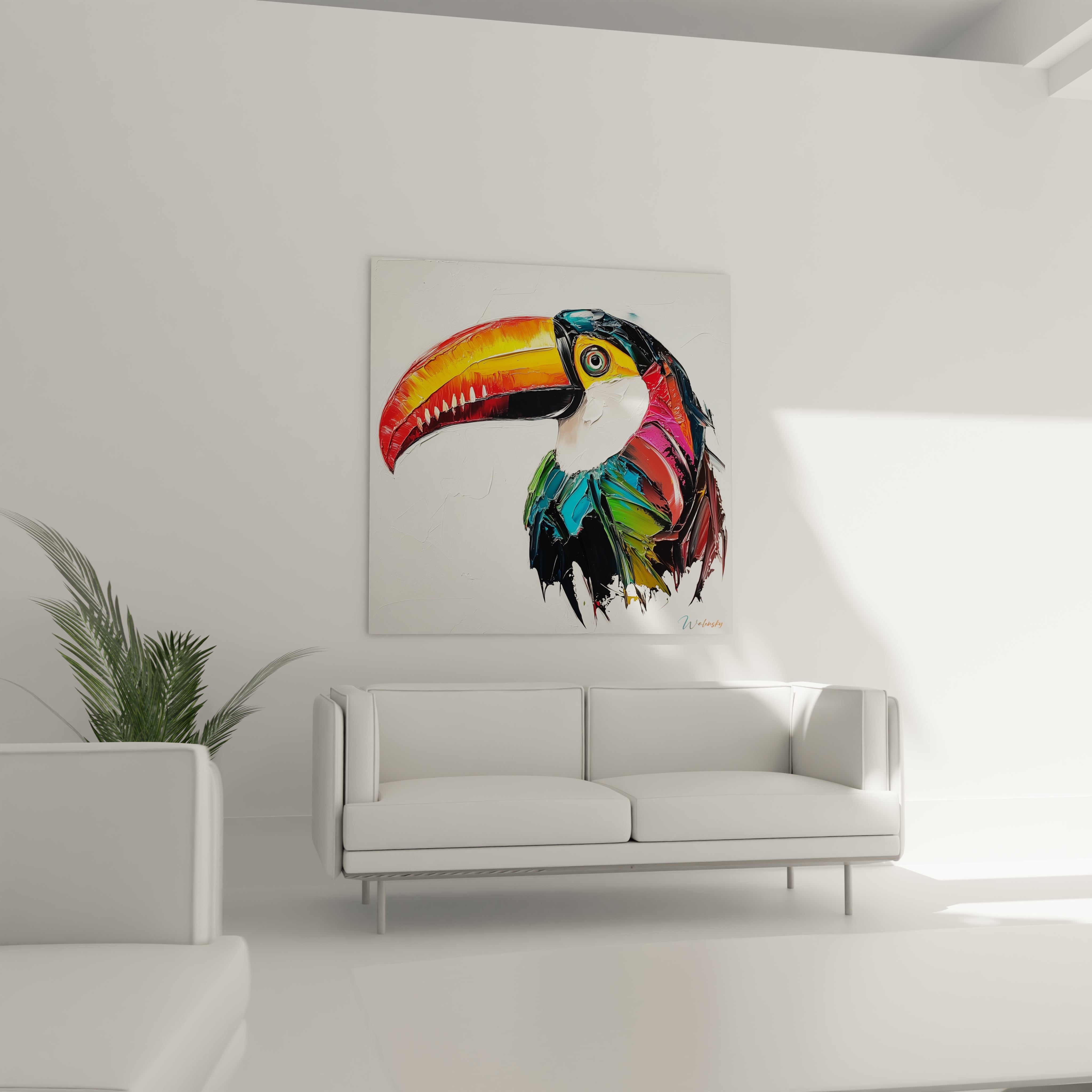 Tableau toucan coloré de Walensky accroché au mur d'un salon moderne avec canapé blanc