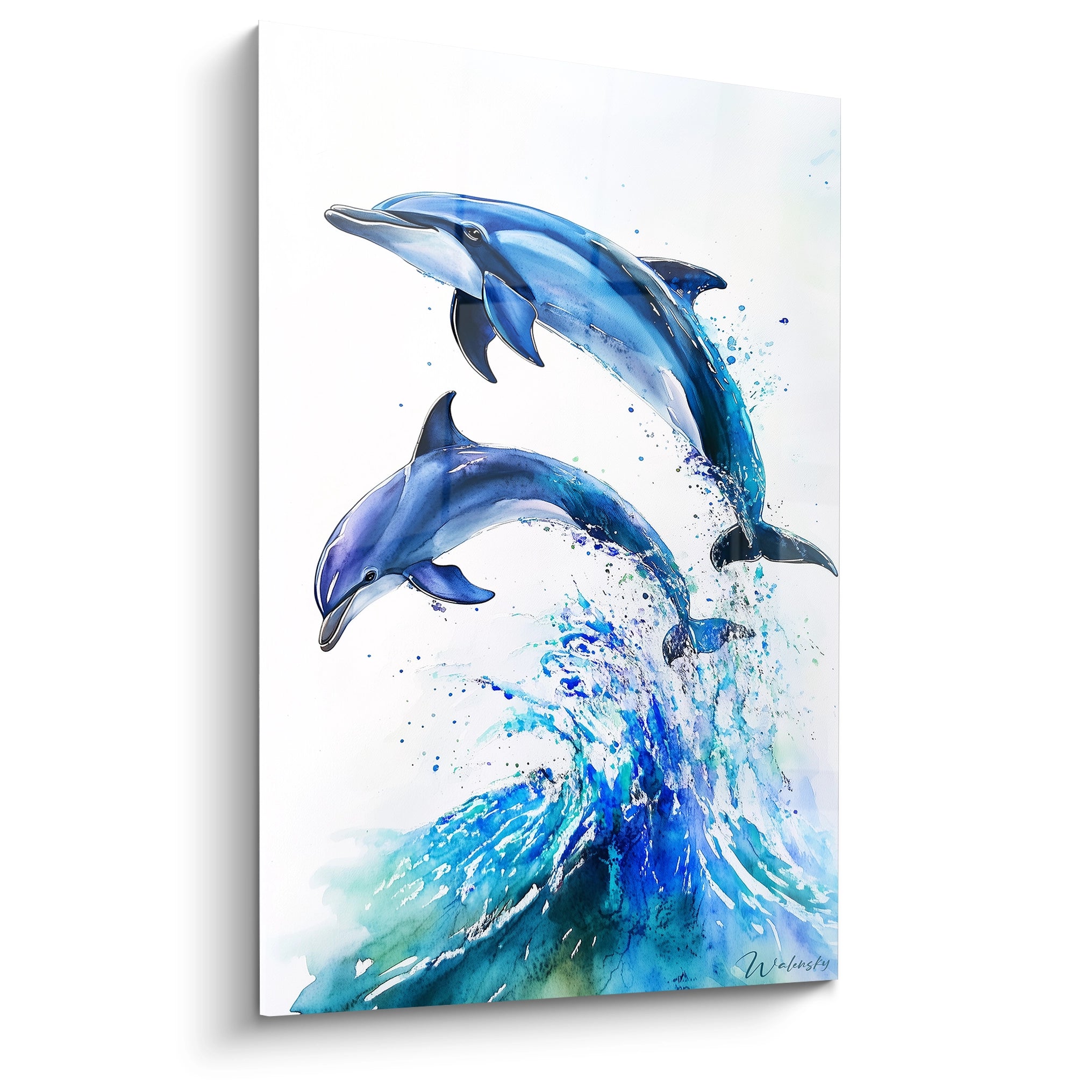 Tableau de deux dauphins sautant au-dessus de vagues bleues, œuvre de Walensky