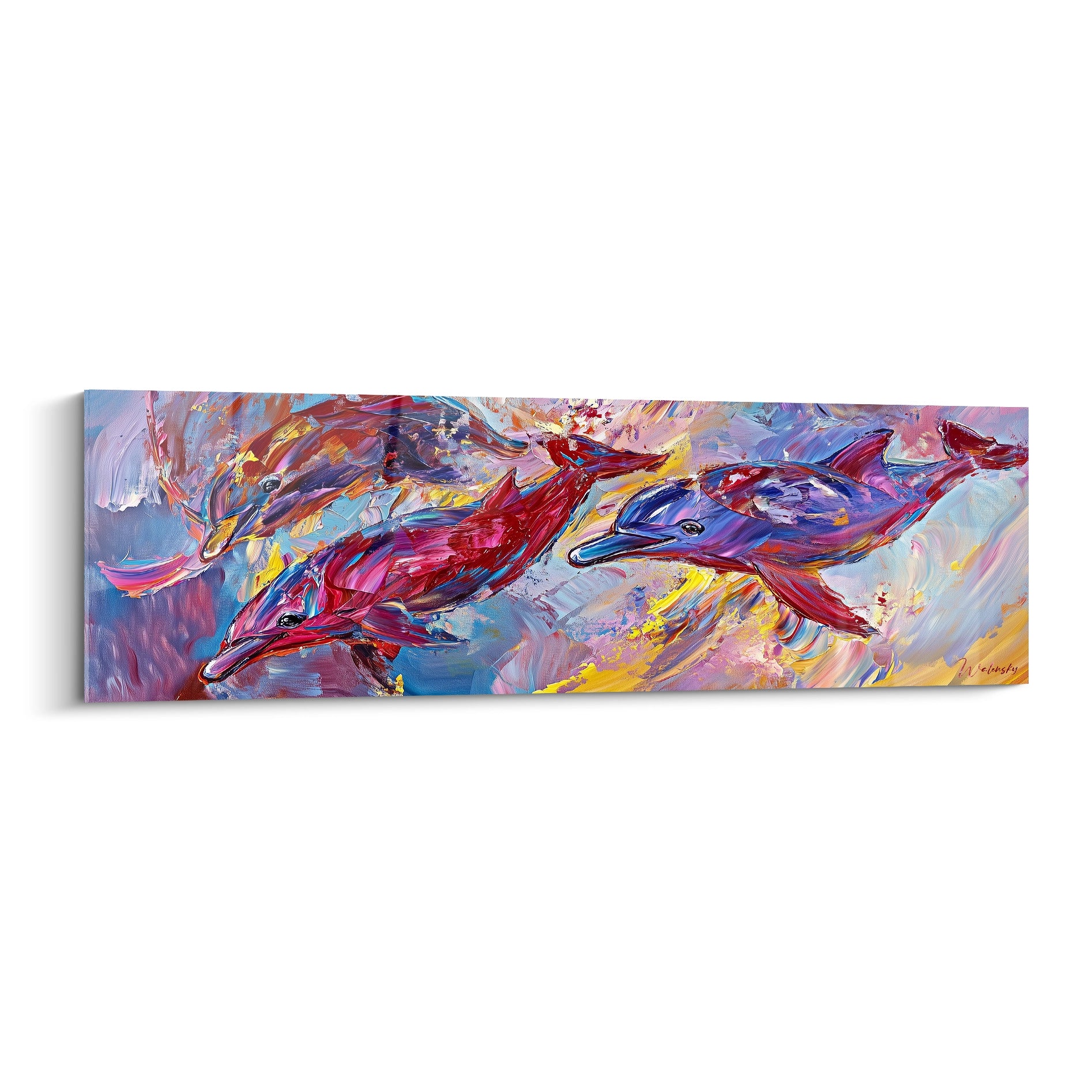 Tableau de dauphins colorés de Walensky avec des coups de pinceau vibrants et une composition dynamique