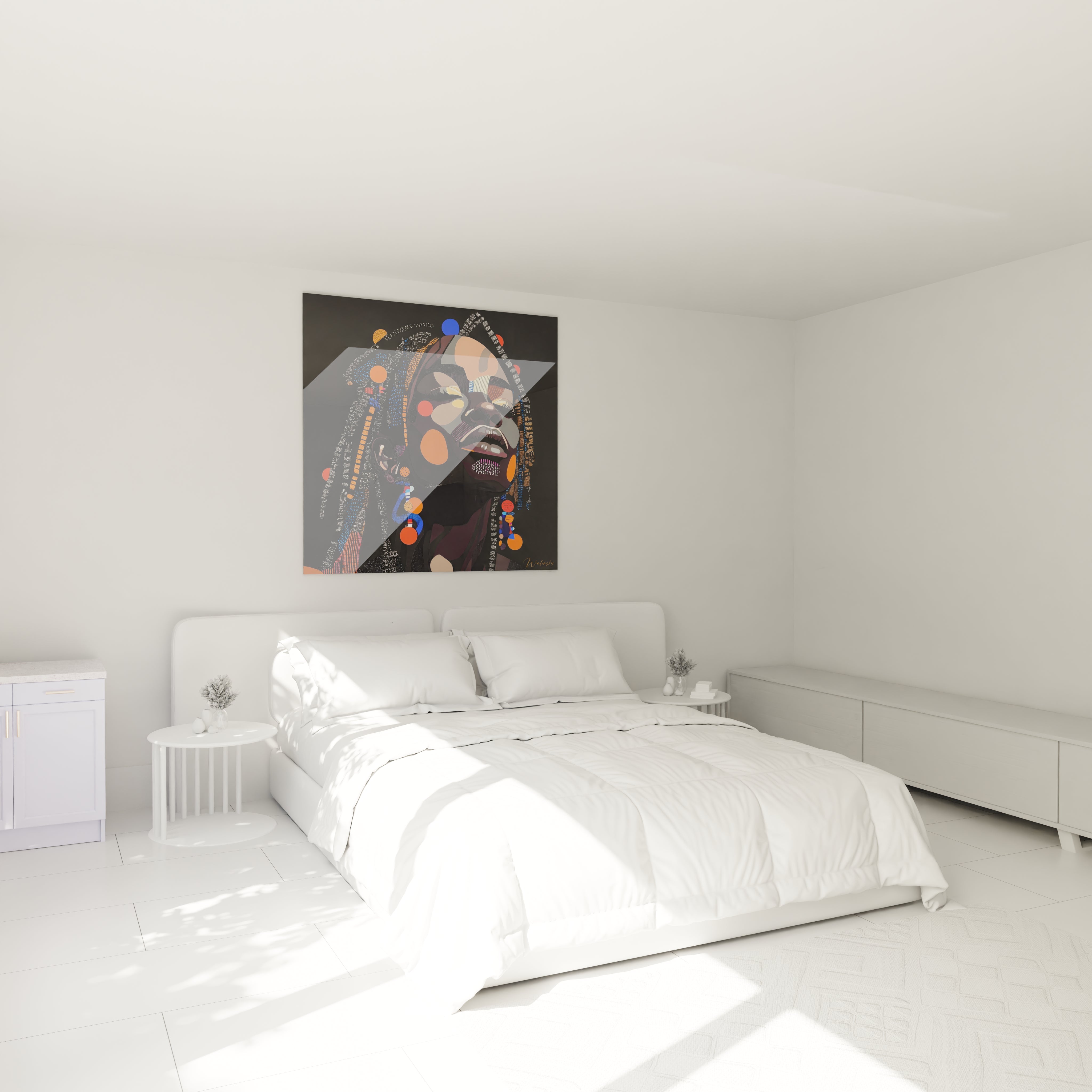 Tableau africain mural Walensky représentant un portrait coloré accroché dans une chambre blanche moderne