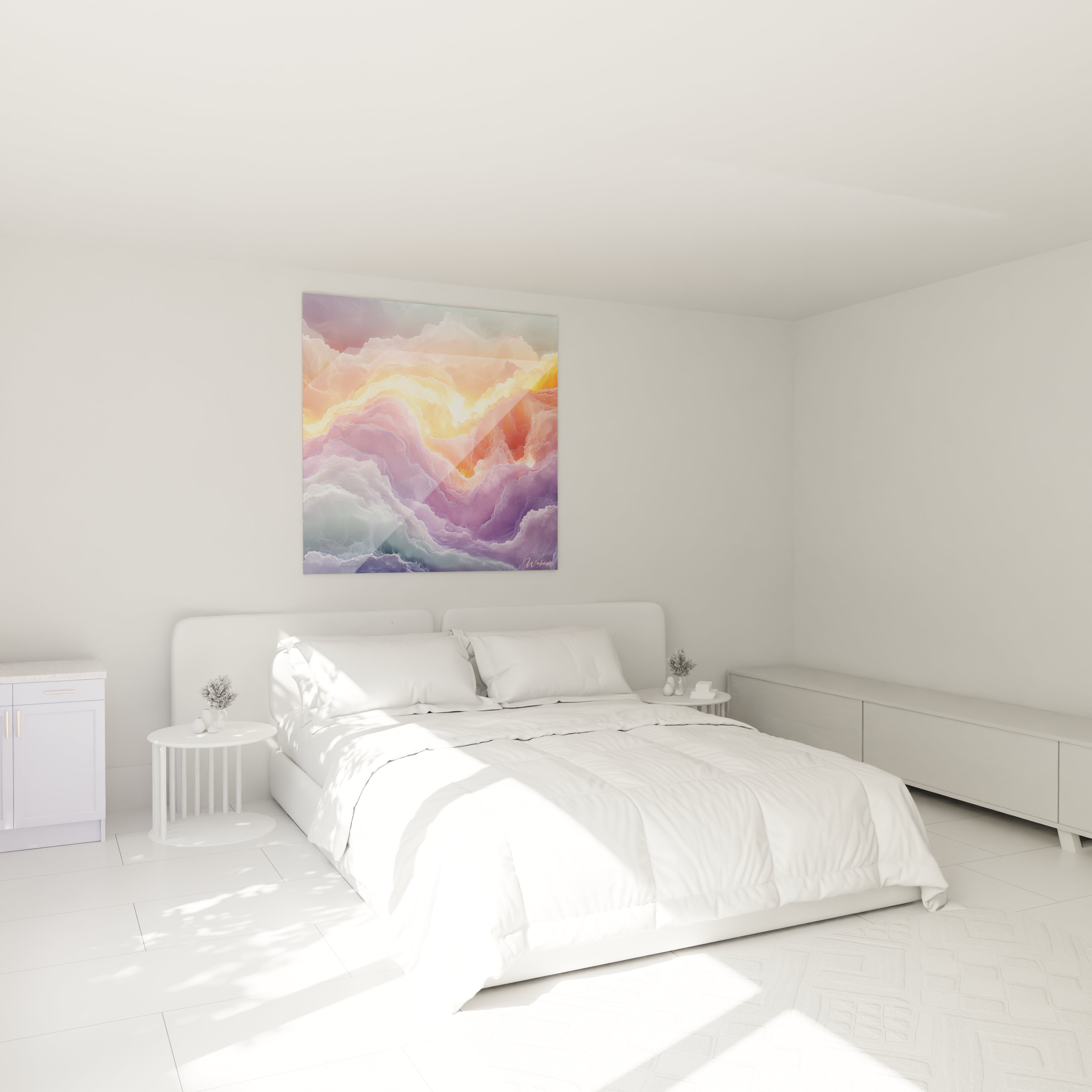 Tableau abstrait expressionniste de Walensky dans une chambre moderne aux couleurs pastel