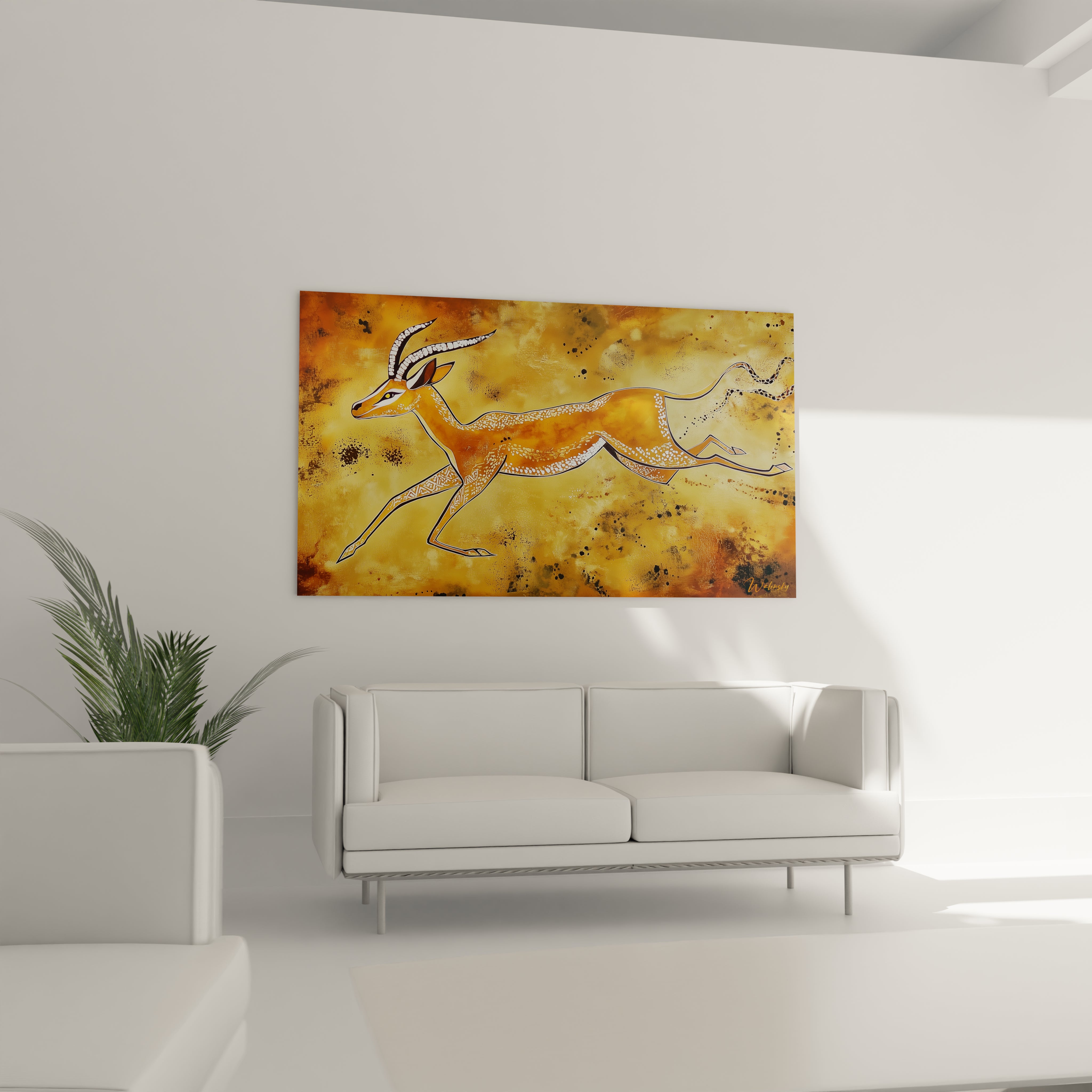 Tableau représentant une gazelle sur fond orange, créé par Walensky pour une décoration moderne