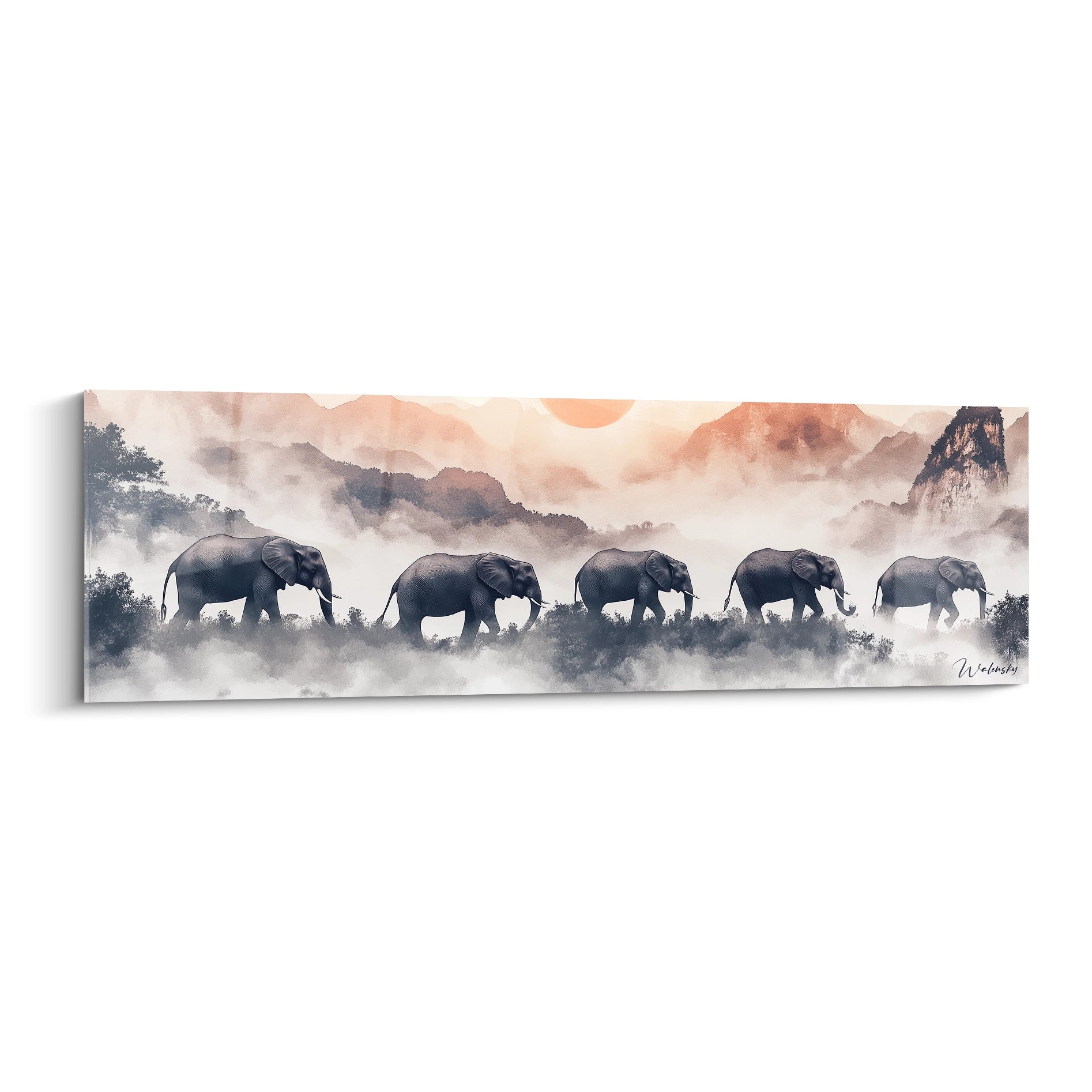 Tableau éléphant artistique de Walensky avec cinq éléphants marchant dans un paysage brumeux au lever du soleil