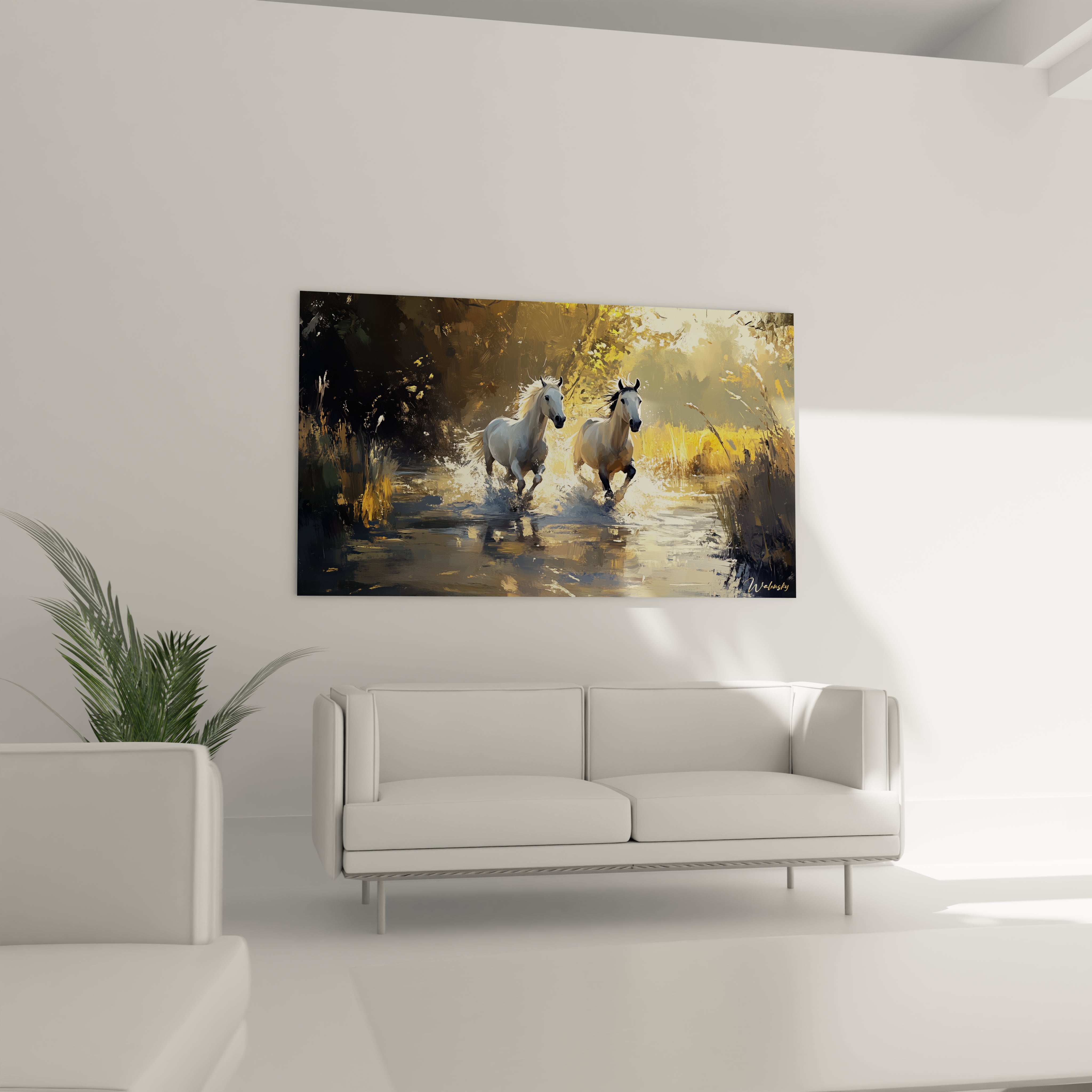 Tableau cheval de Walensky montrant des chevaux courant dans l'eau en milieu paisible