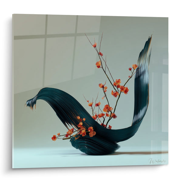 Tableau Composition Florale Vase Bleu Nuit et Fleurs Orangées - Harmonie Végétale - Edition Ikebana