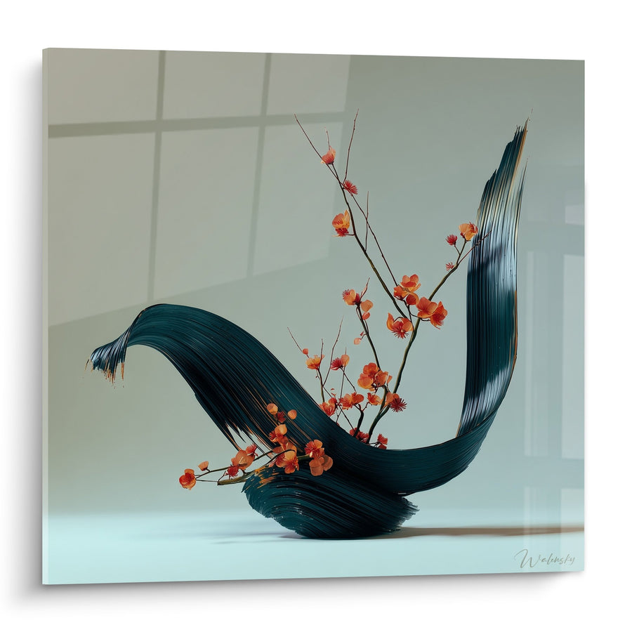Tableau Composition Florale Vase Bleu Nuit et Fleurs Orangées - Harmonie Végétale - Edition Ikebana