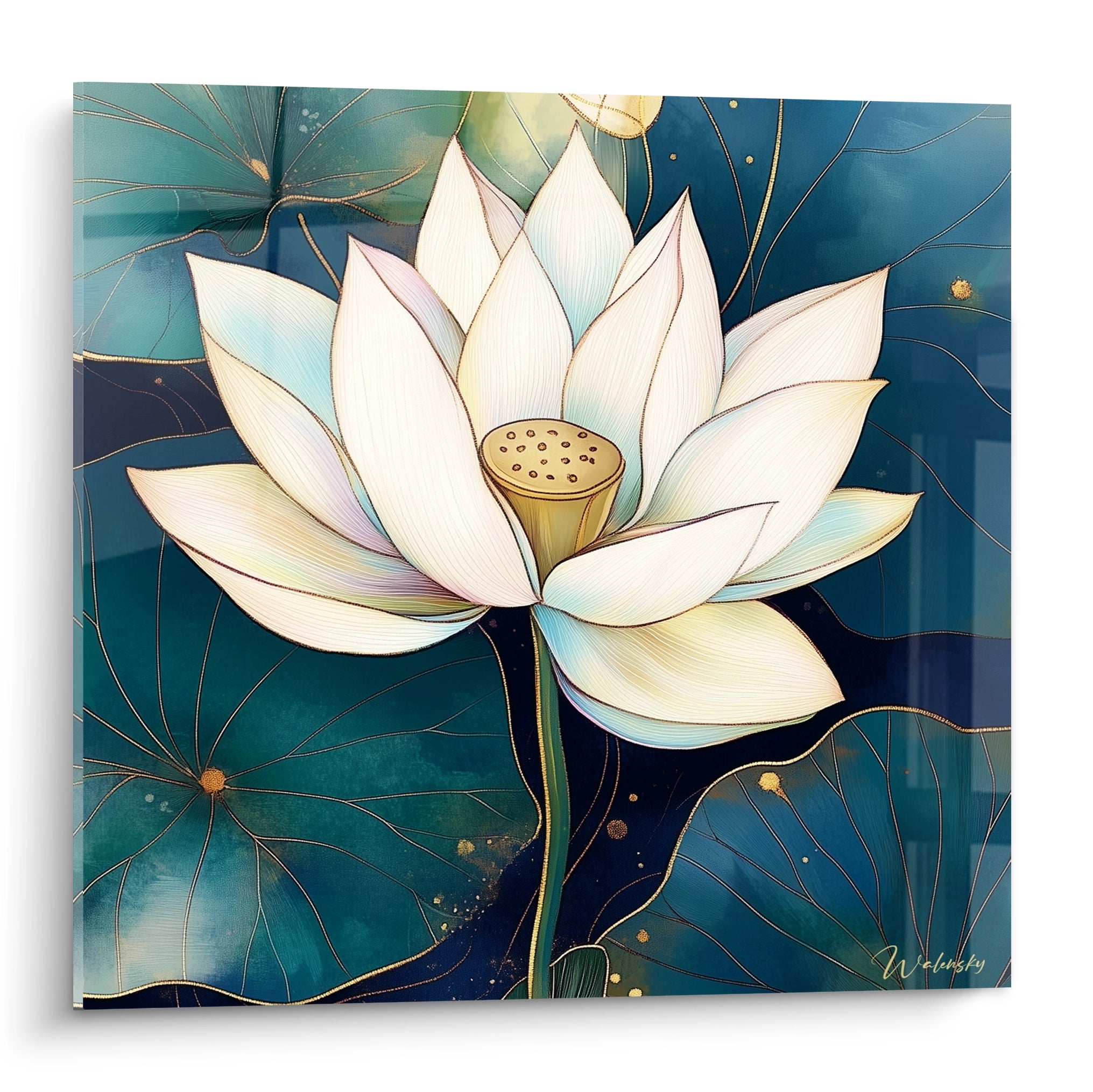 Tableau fleur de lotus blanche sur fond bleu avec feuilles vertes par Walensky