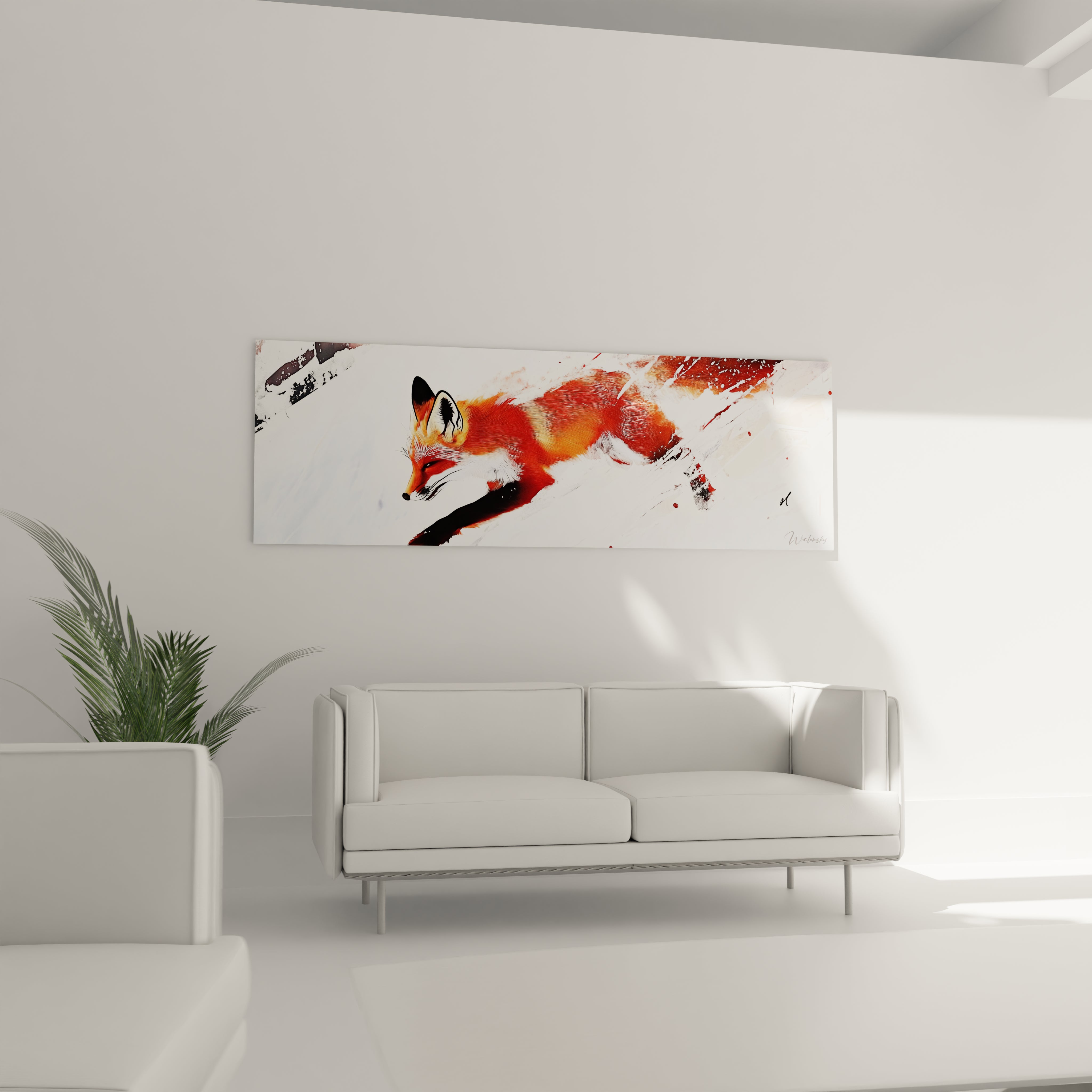 Tableau renard Walensky décoratif avec illustration orange vif dans un salon minimaliste blanc