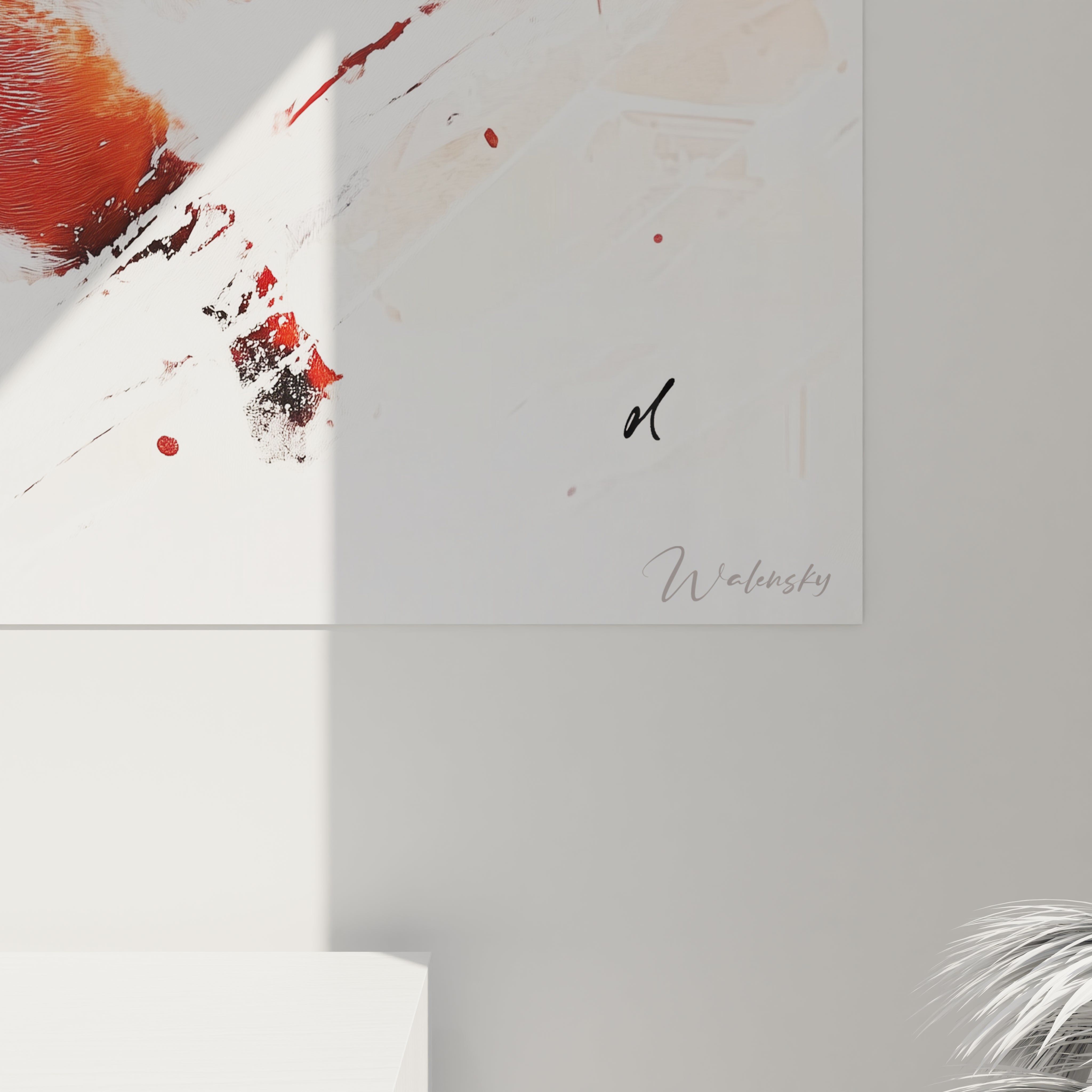 Tableau renard Walensky en style abstrait avec touches de rouge et blanc pour décoration moderne